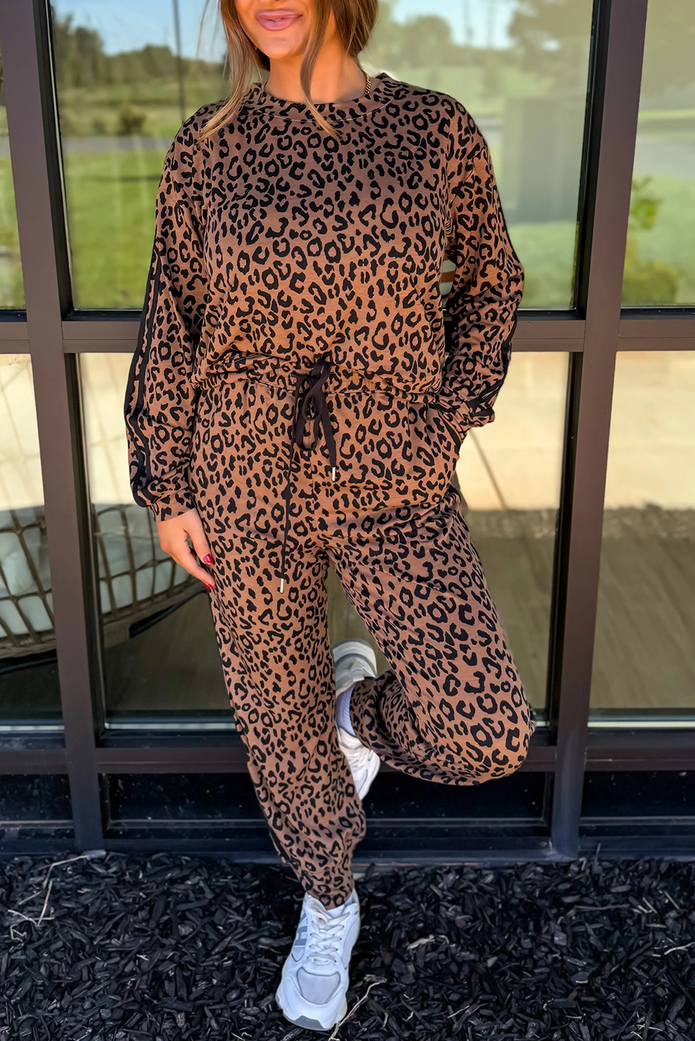 Brown Varsity Striped Trim Leopard Long Sleeve Top Drawstring Pant Set view 5