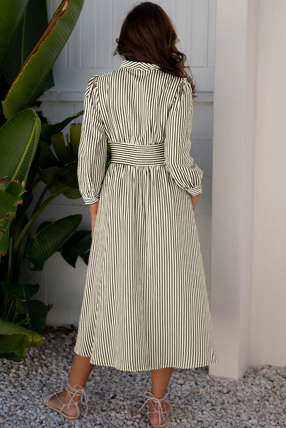 Black Stripe V Neck Zip Front Cinched High Waist Midi Dress view 2