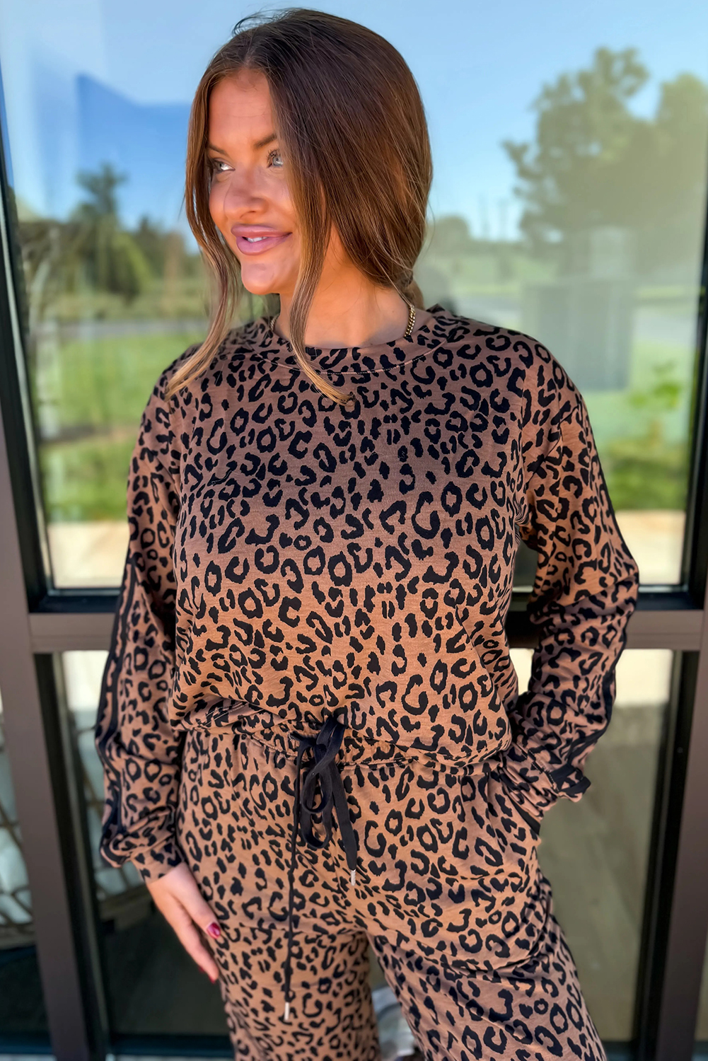 Brown Varsity Striped Trim Leopard Long Sleeve Top Drawstring Pant Set view 7
