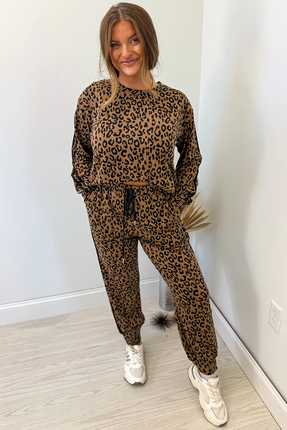 Brown Varsity Striped Trim Leopard Long Sleeve Top Drawstring Pant Set view 8