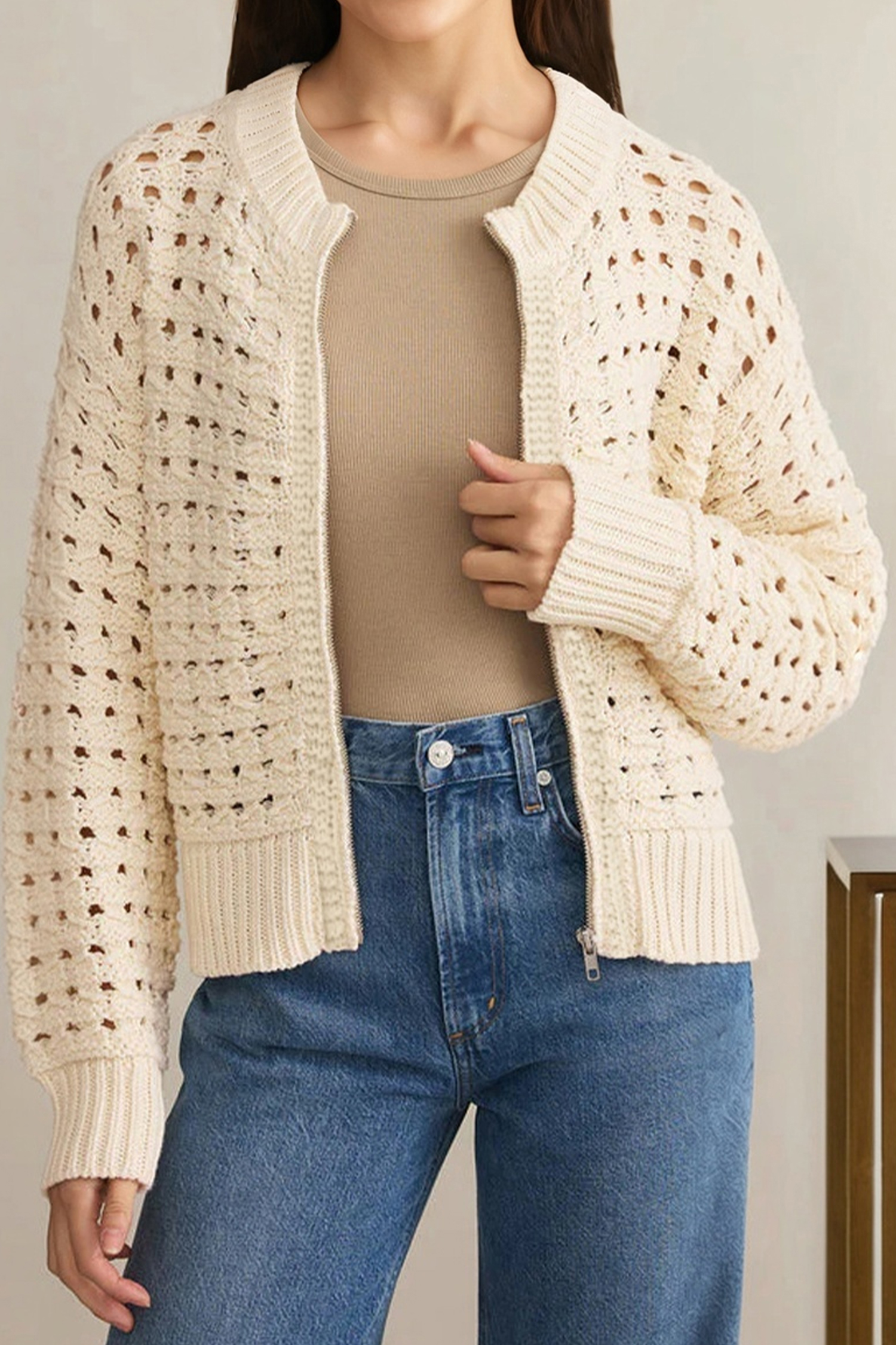 Beige Hollowed Pattern Knit Zip Up Drop Shoulder Sweater Cardigan view 9