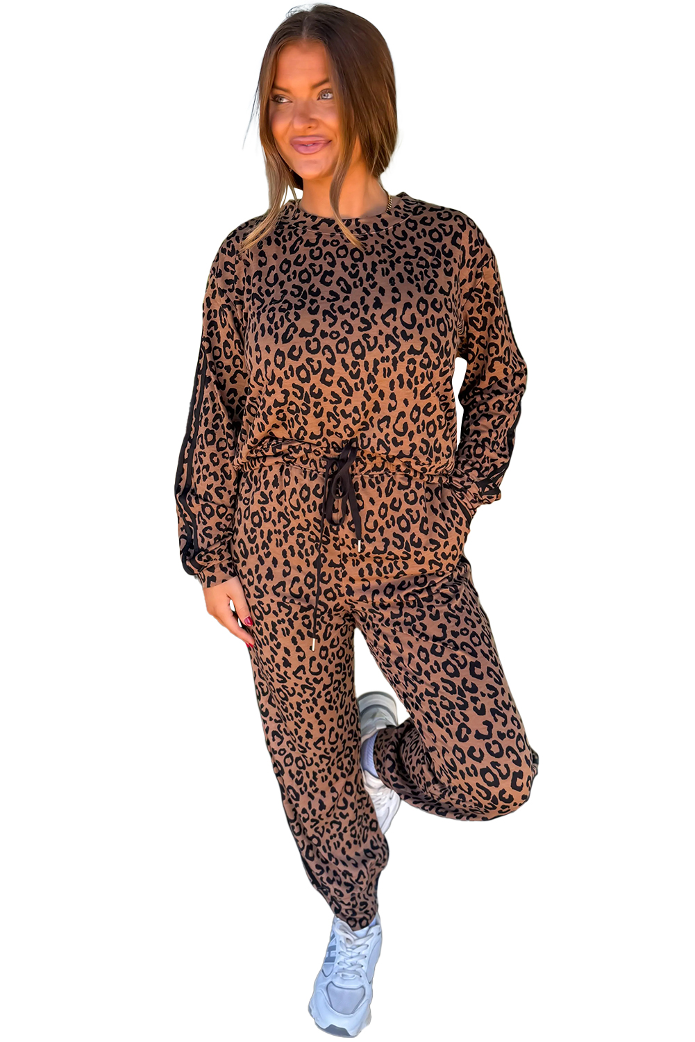 Brown Varsity Striped Trim Leopard Long Sleeve Top Drawstring Pant Set view 23