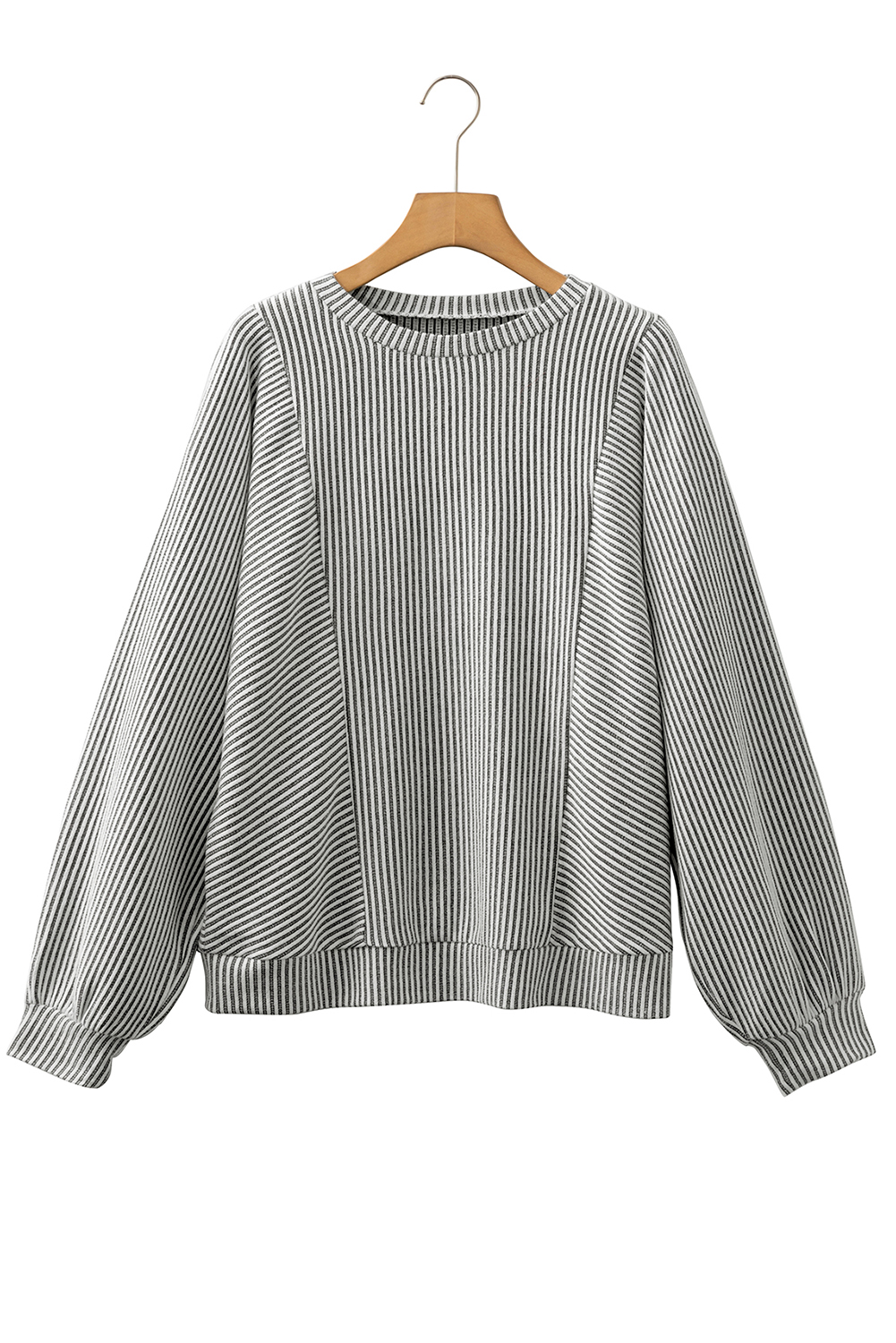 Gray Ribbed Knit Round Neck Long Lantern Sleeve Top view 14