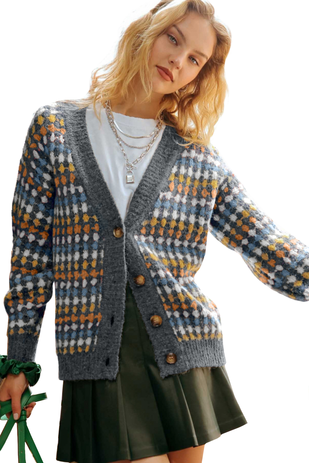Gray Dotty Pattern Knit Button Front V Neck Sweater Cardigan view 14