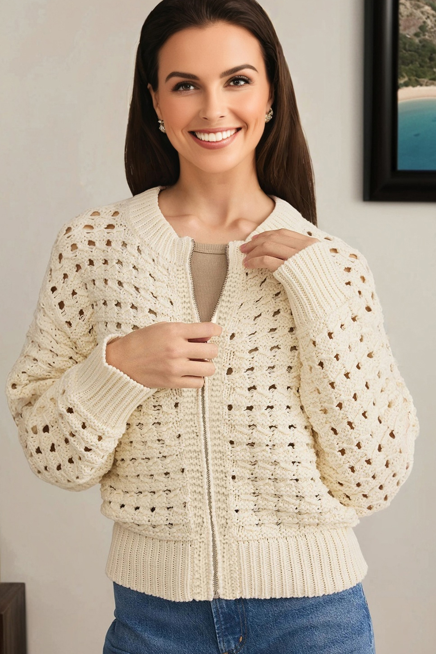 Beige Hollowed Pattern Knit Zip Up Drop Shoulder Sweater Cardigan view 11