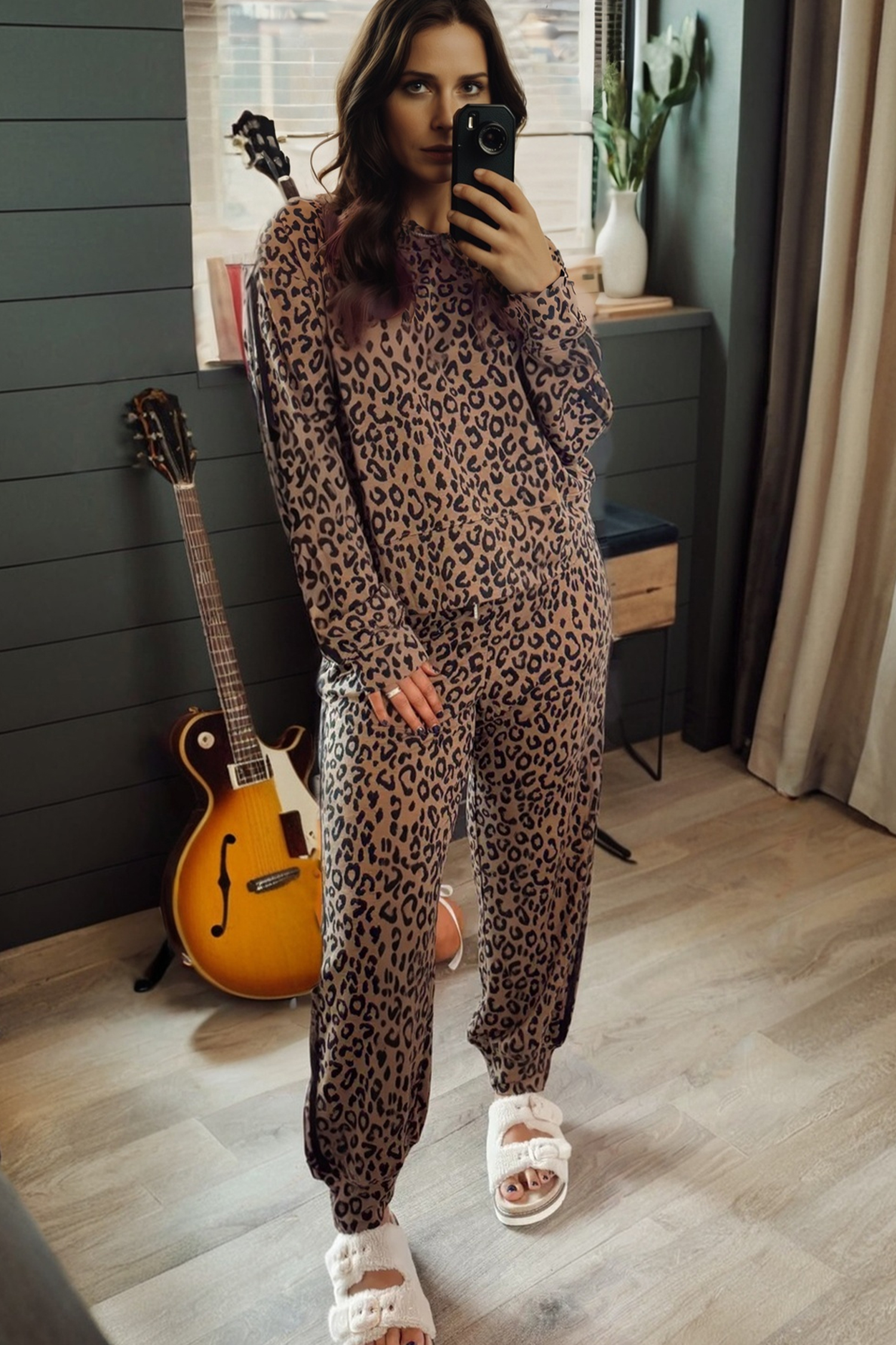 Brown Varsity Striped Trim Leopard Long Sleeve Top Drawstring Pant Set view 3