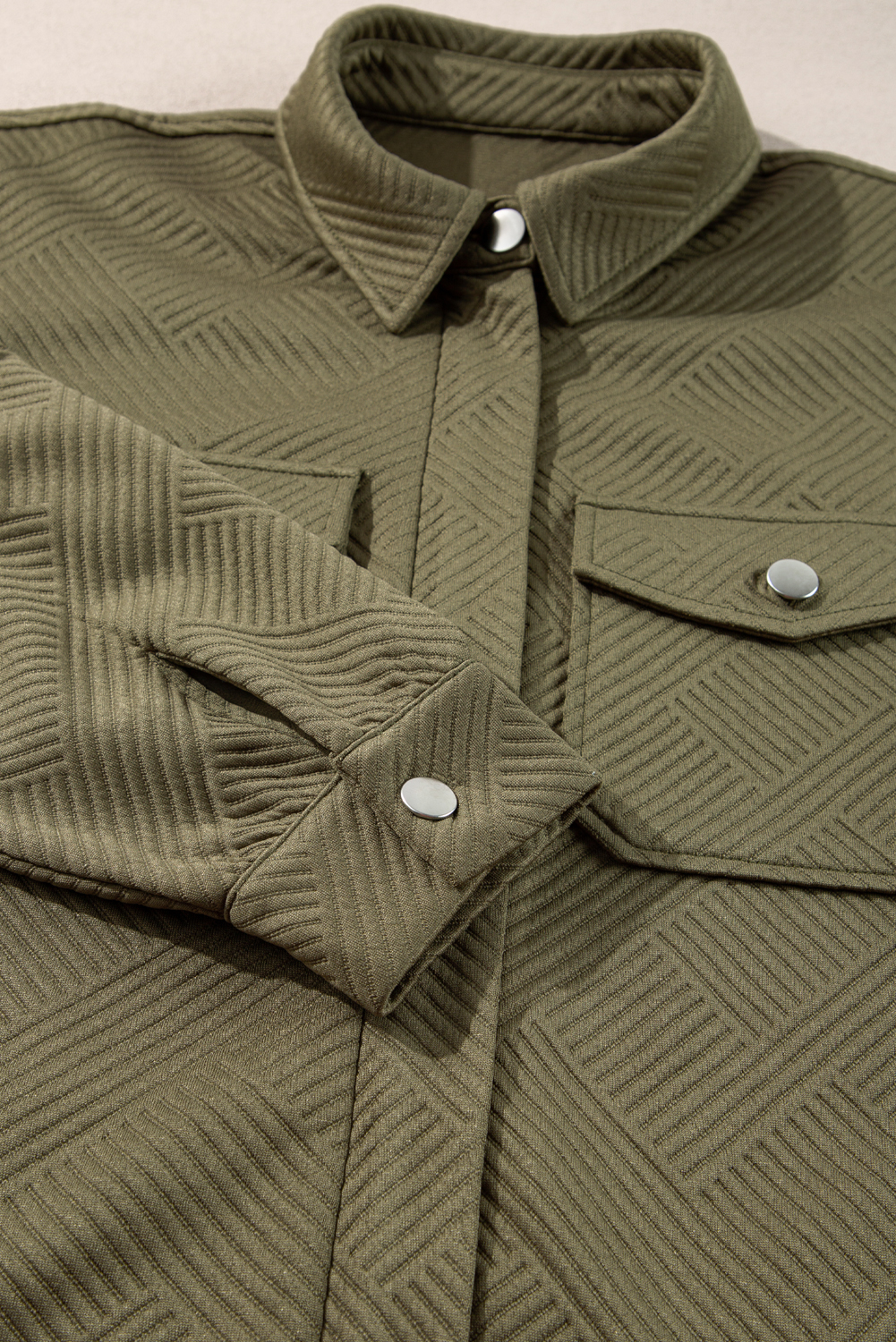 Blackish Green Solid Color Zip Up Button Flap Pocket Shirt Collar Jackets view 14
