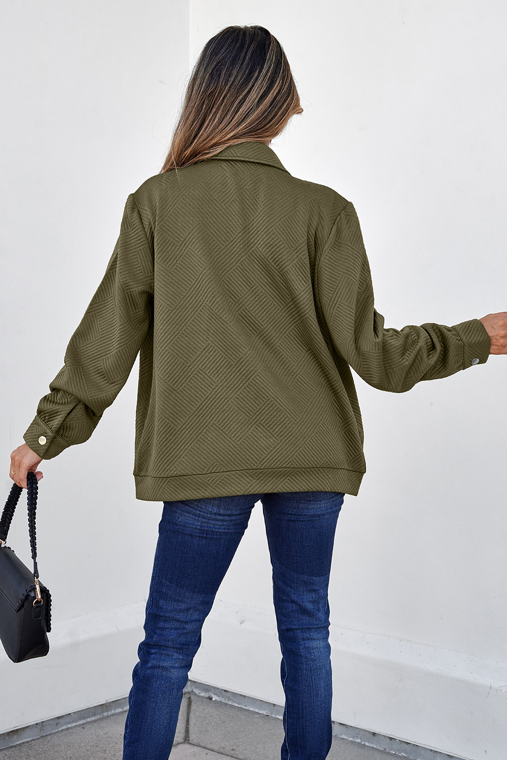 Blackish Green Solid Color Zip Up Button Flap Pocket Shirt Collar Jackets view 2