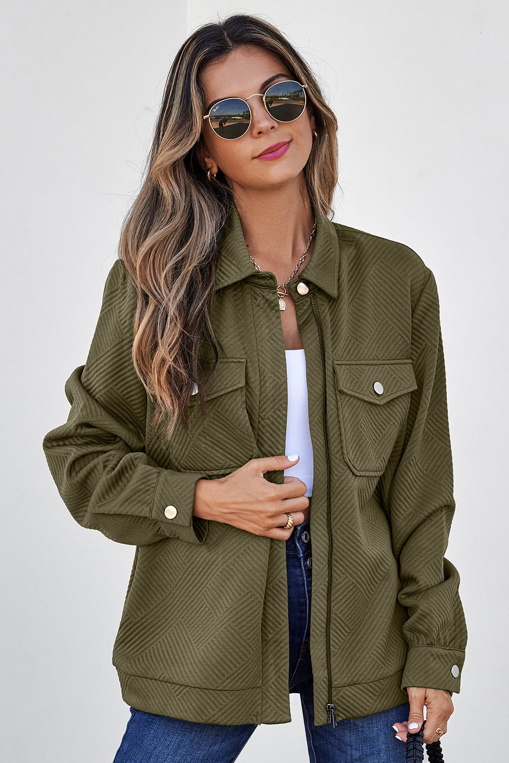 Blackish Green Solid Color Zip Up Button Flap Pocket Shirt Collar Jackets view 8