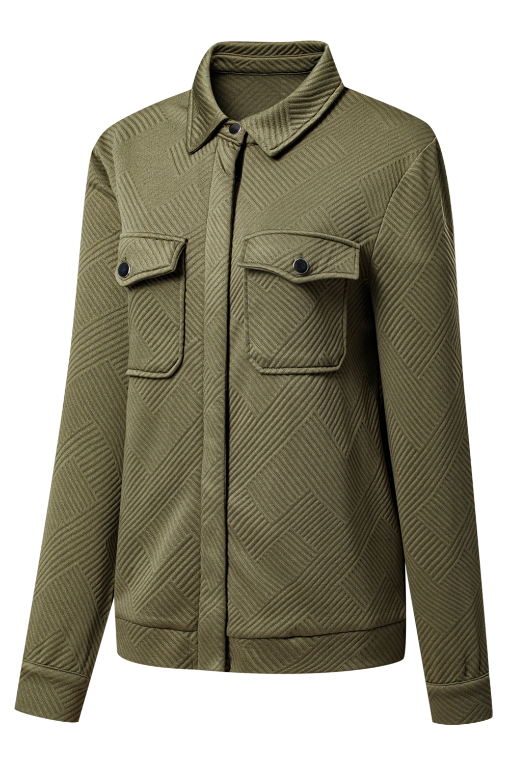 Blackish Green Solid Color Zip Up Button Flap Pocket Shirt Collar Jackets view 20