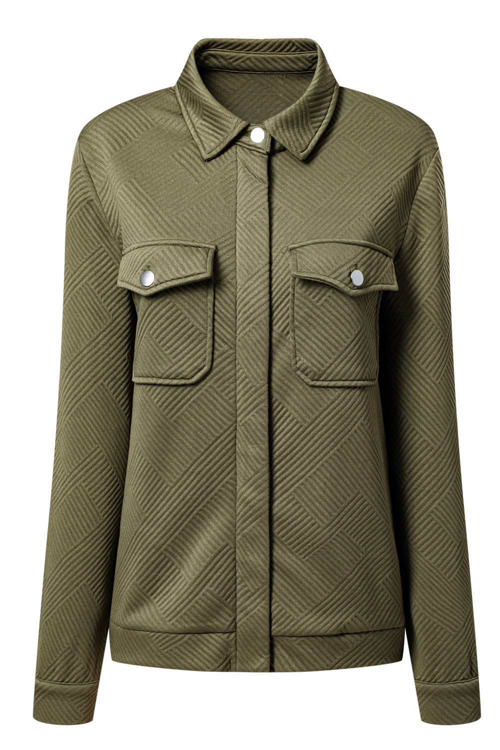 Blackish Green Solid Color Zip Up Button Flap Pocket Shirt Collar Jackets view 18