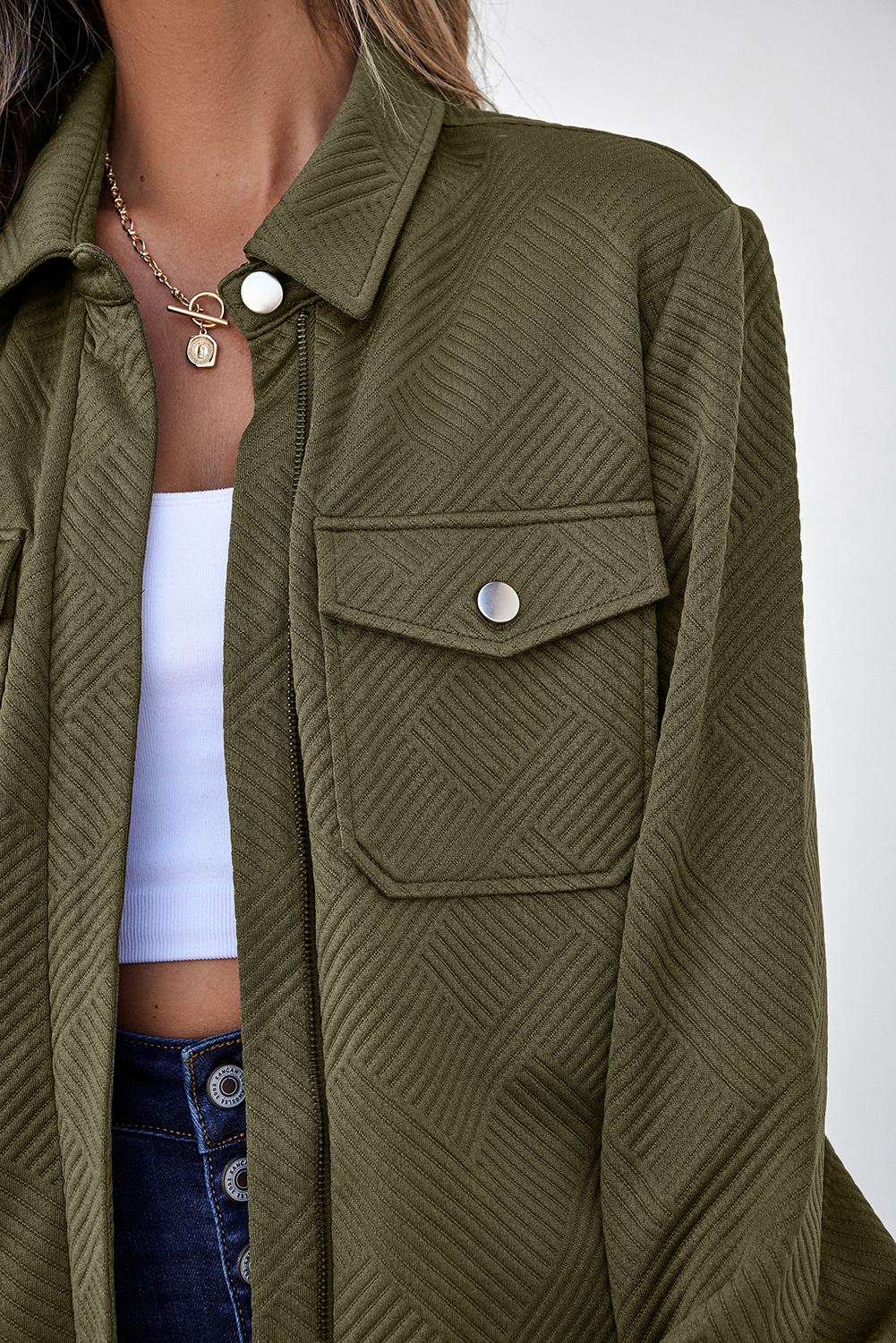 Blackish Green Solid Color Zip Up Button Flap Pocket Shirt Collar Jackets view 7