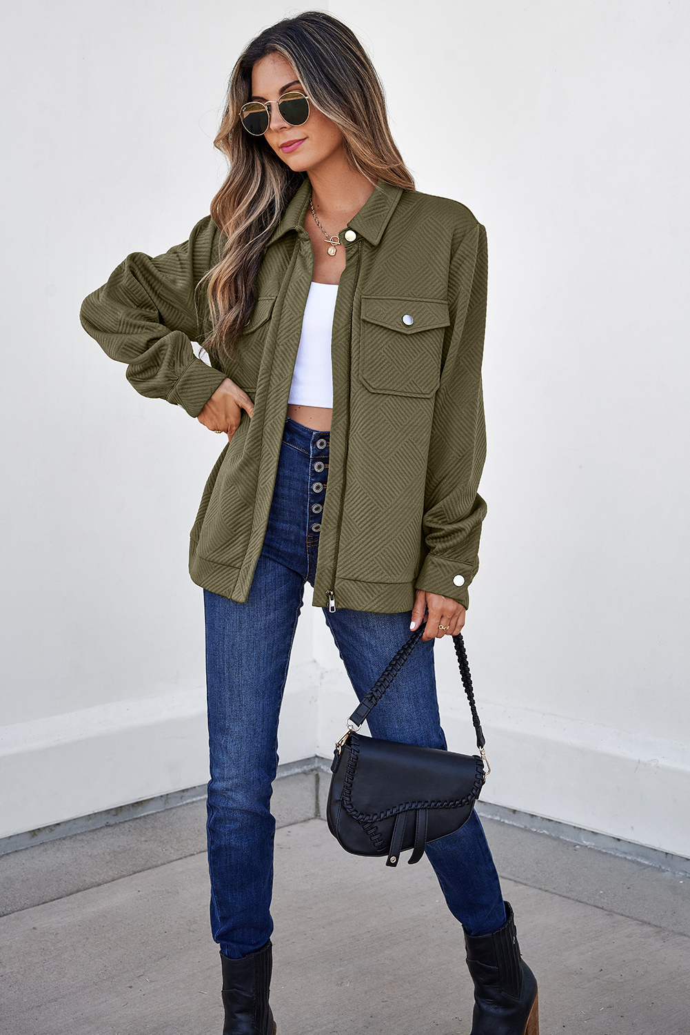 Blackish Green Solid Color Zip Up Button Flap Pocket Shirt Collar Jackets view 5