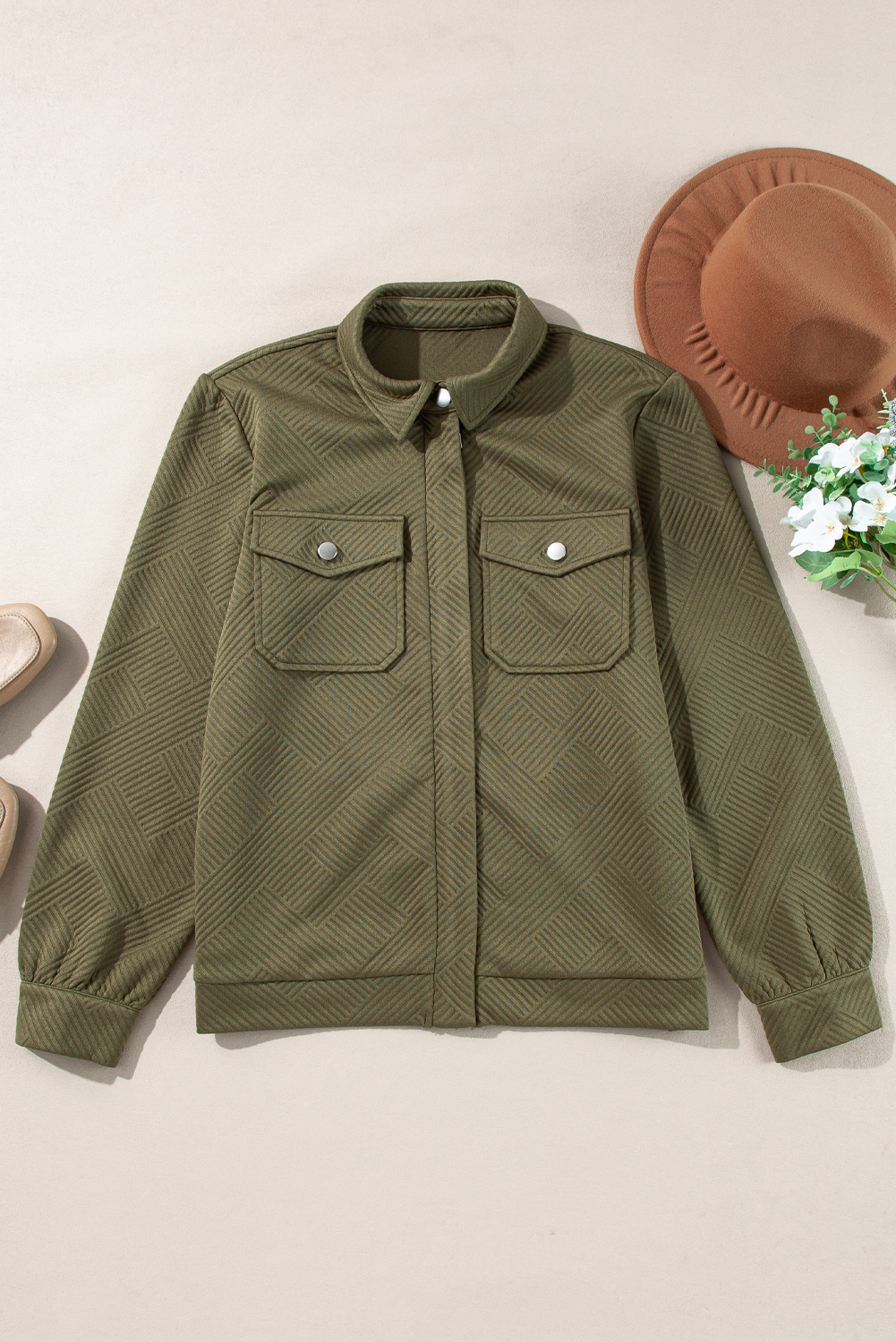 Blackish Green Solid Color Zip Up Button Flap Pocket Shirt Collar Jackets view 10