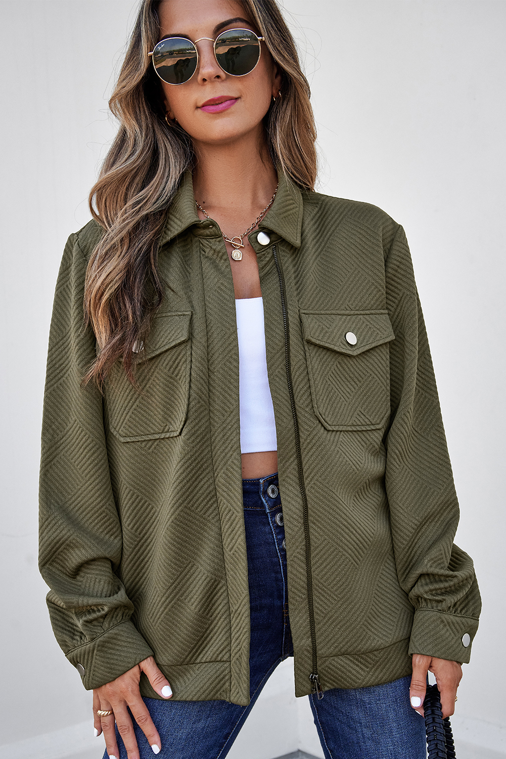 Blackish Green Solid Color Zip Up Button Flap Pocket Shirt Collar Jackets view 6