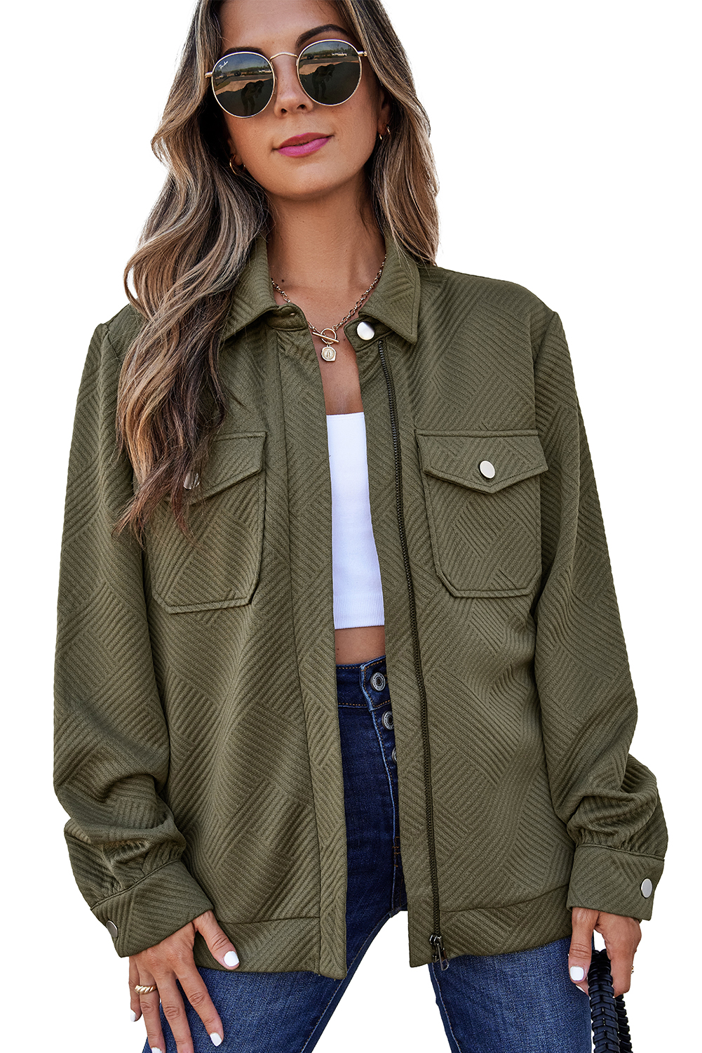 Blackish Green Solid Color Zip Up Button Flap Pocket Shirt Collar Jackets view 21