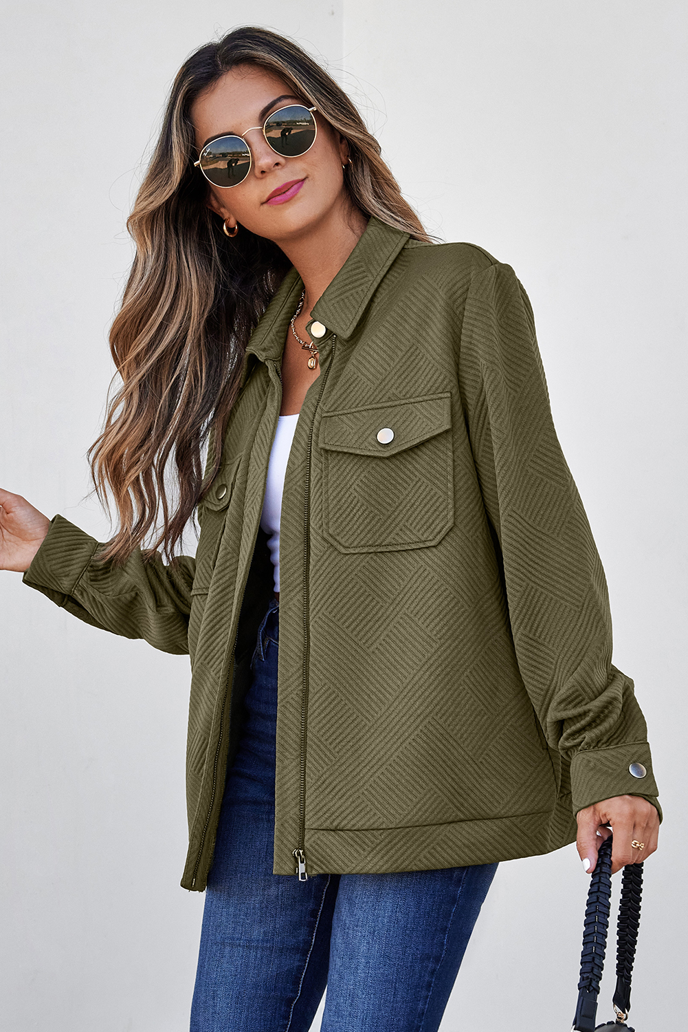 Blackish Green Solid Color Zip Up Button Flap Pocket Shirt Collar Jackets view 3