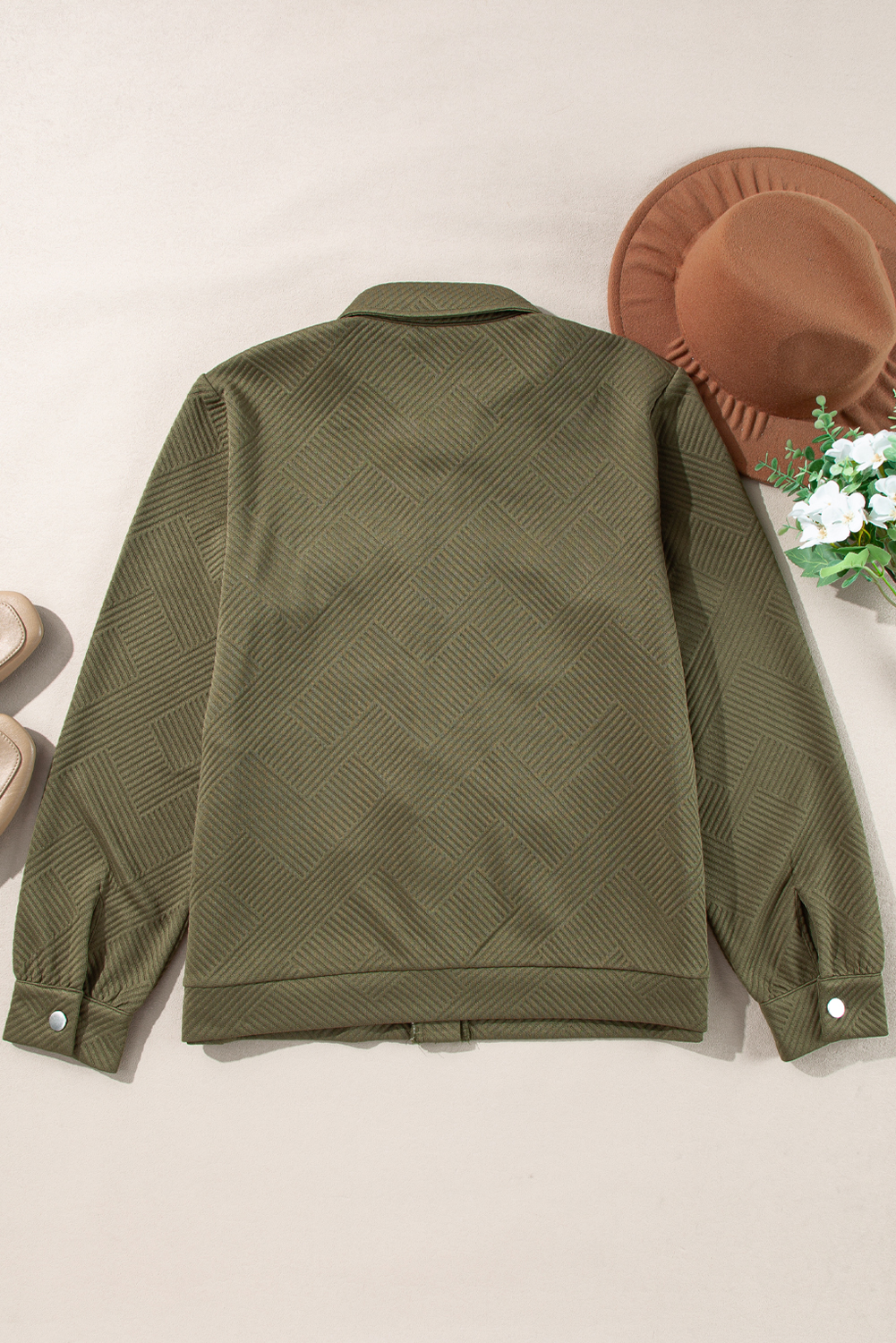 Blackish Green Solid Color Zip Up Button Flap Pocket Shirt Collar Jackets view 11