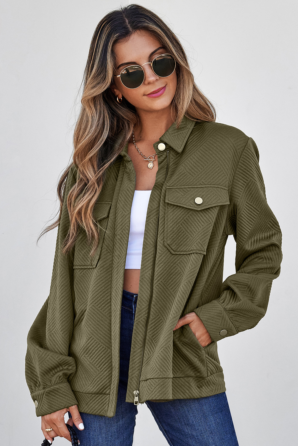 Blackish Green Solid Color Zip Up Button Flap Pocket Shirt Collar Jackets view 9