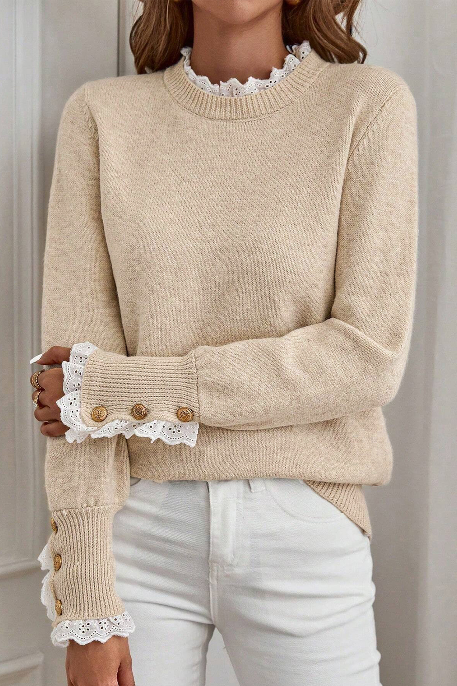 Jet Stream Lace Trim Patchwork Buttoned Cuffs Loose Sweater view 9