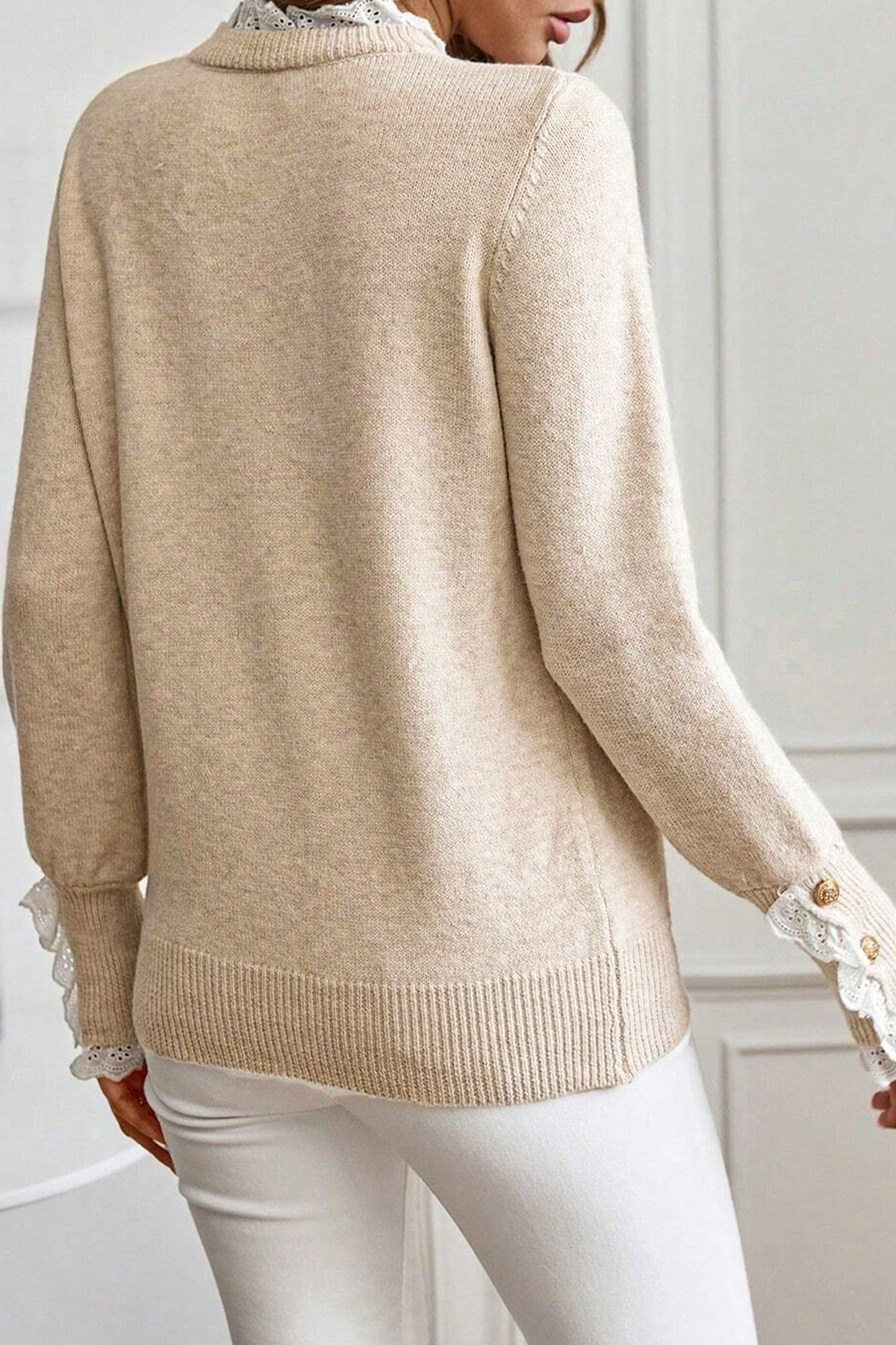 Jet Stream Lace Trim Patchwork Buttoned Cuffs Loose Sweater view 10