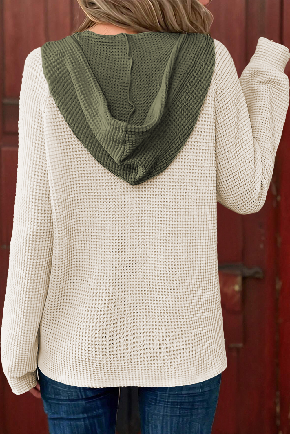 White Waffle Contrast Half Buttoned Hooded Pullover Top view 2