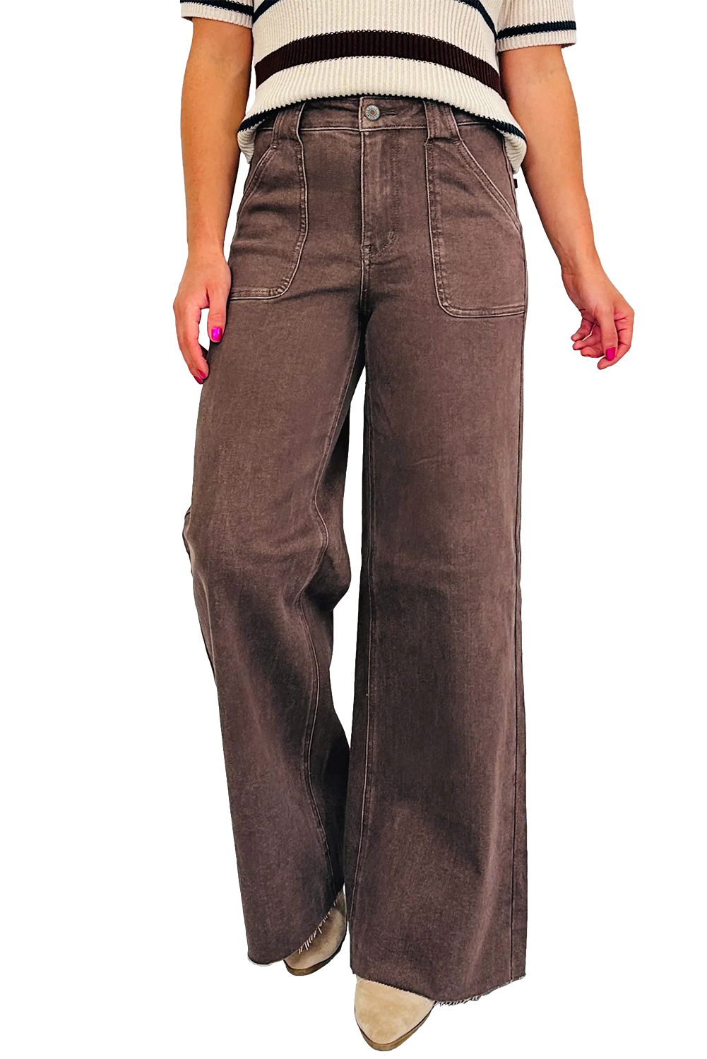 Dark Brown Retro Washed Patch Pocket Loose Jeans view 14