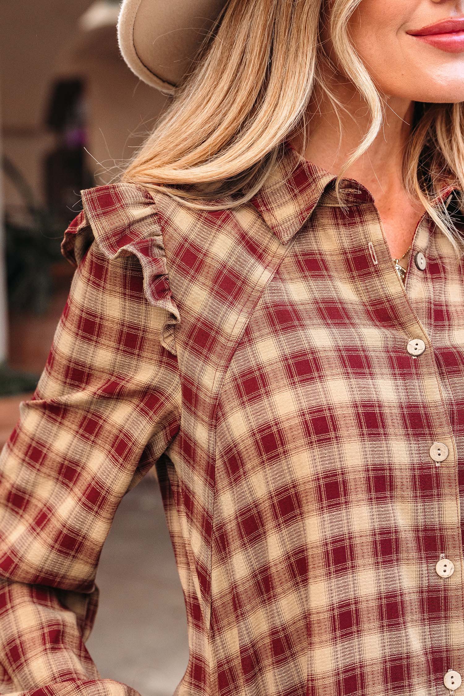 Red Plaid Print Ruffled Long Sleeve Patchwork Hem Mini Shirt Dress view 7