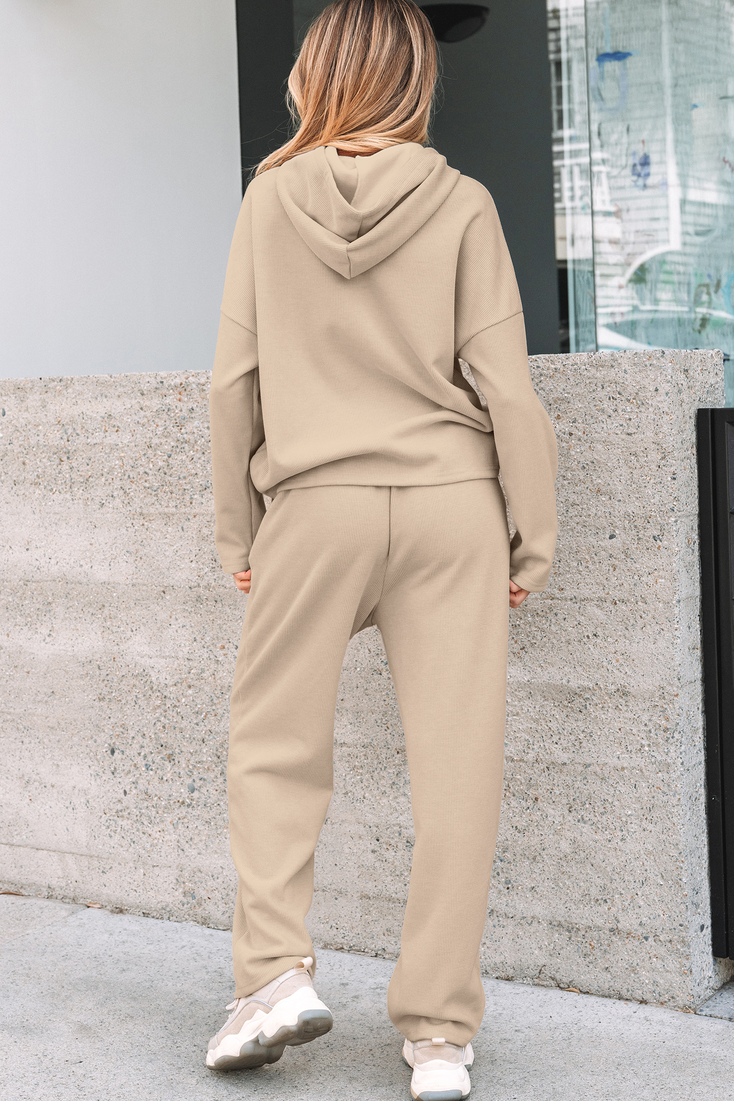 Jet Stream Lace Drawstring Pullover Hoodie and High Waist Pants Corduroy Suit view 2