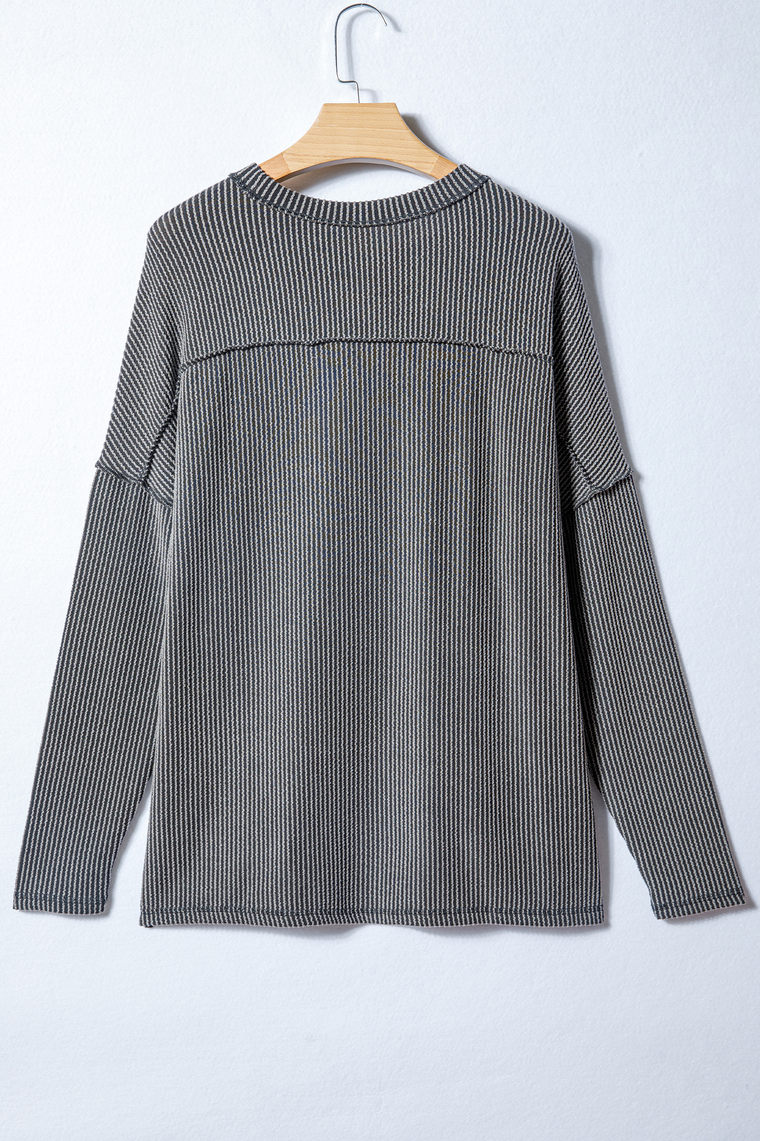 Black Twist Ribbed Exposed Seam Detail Long Sleeve Loose Top view 4