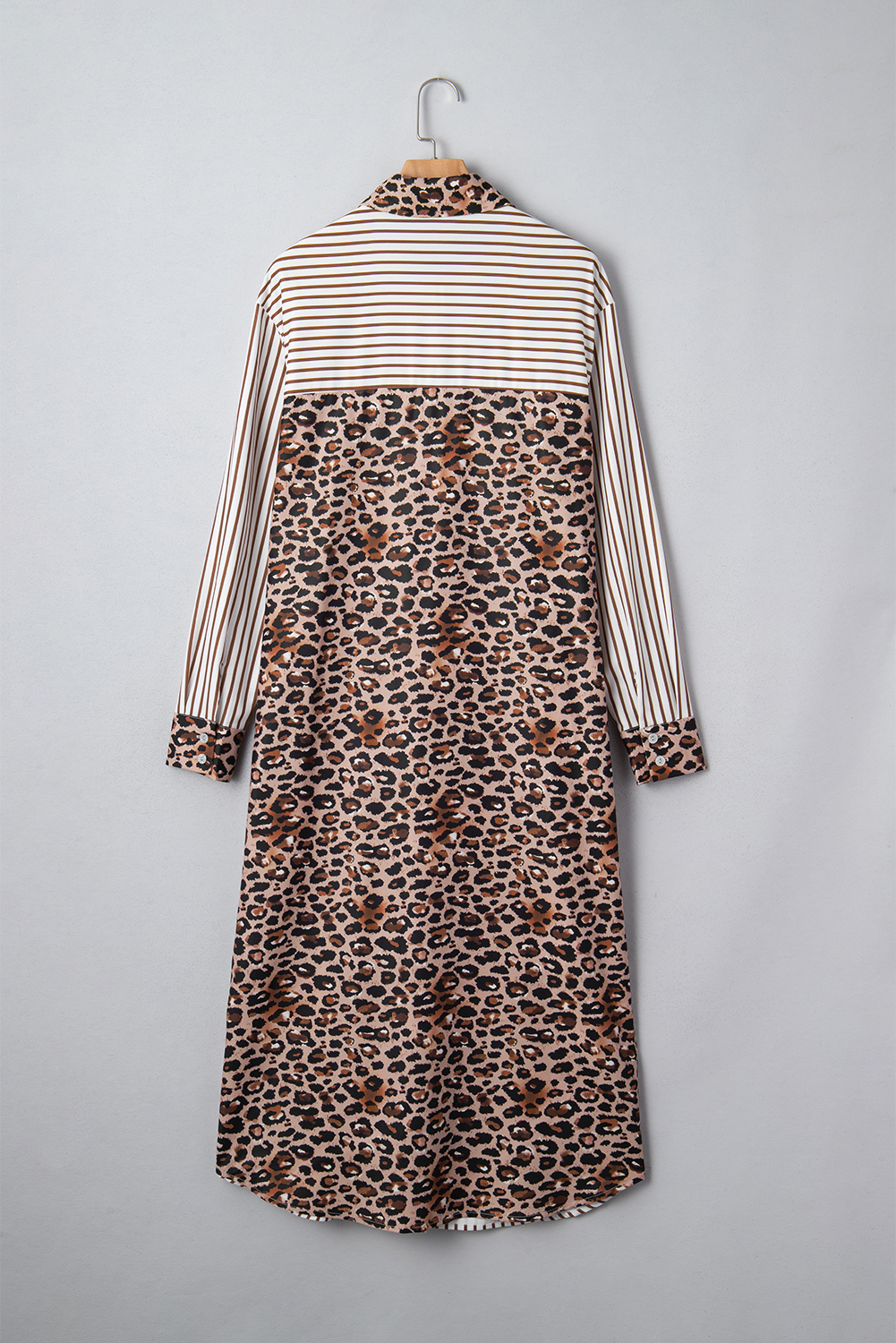 Brown Stripe Contrast Leopard Patchwork Long Shirt Dress with Slits view 13