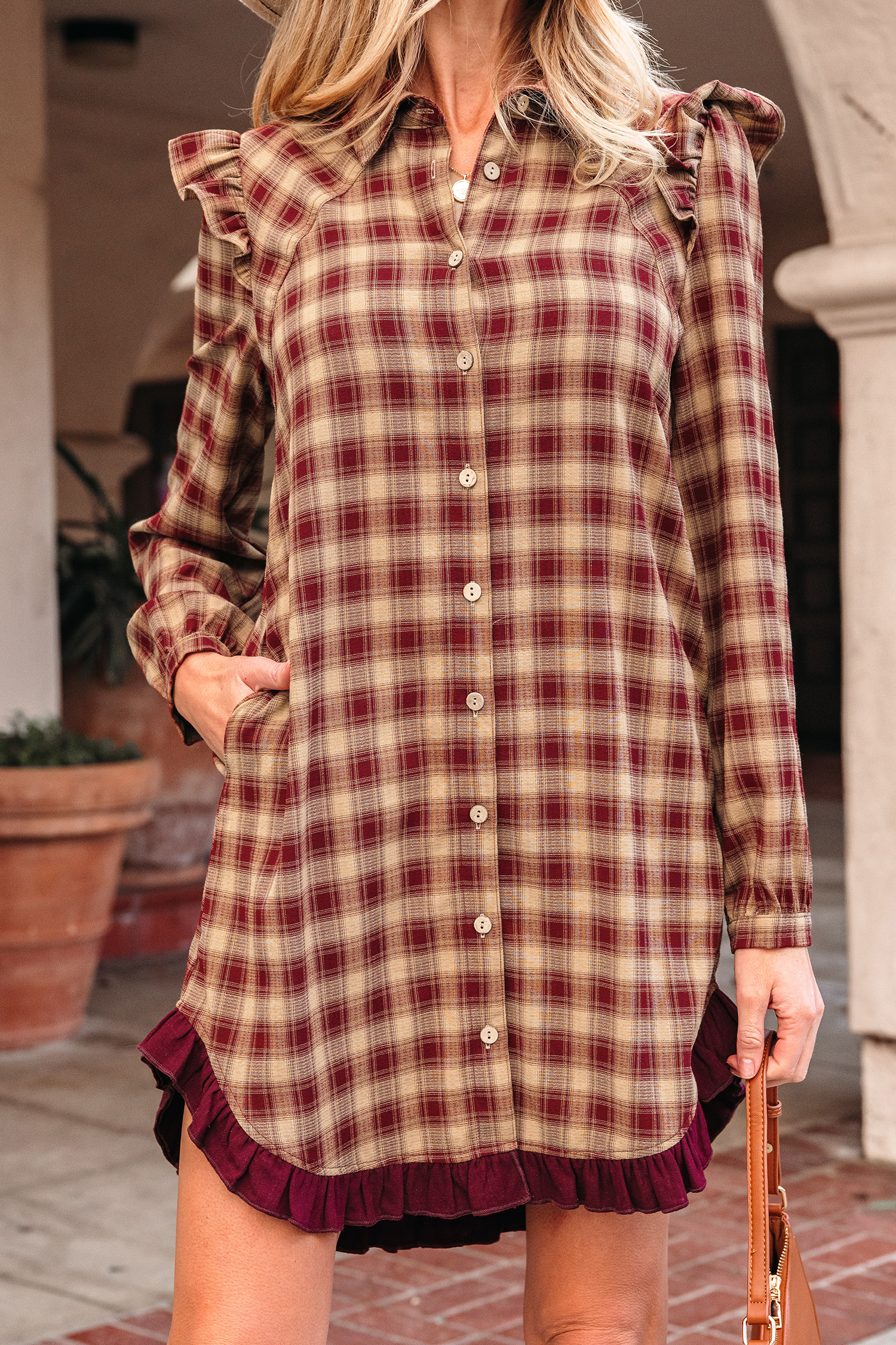 Red Plaid Print Ruffled Long Sleeve Patchwork Hem Mini Shirt Dress view 6