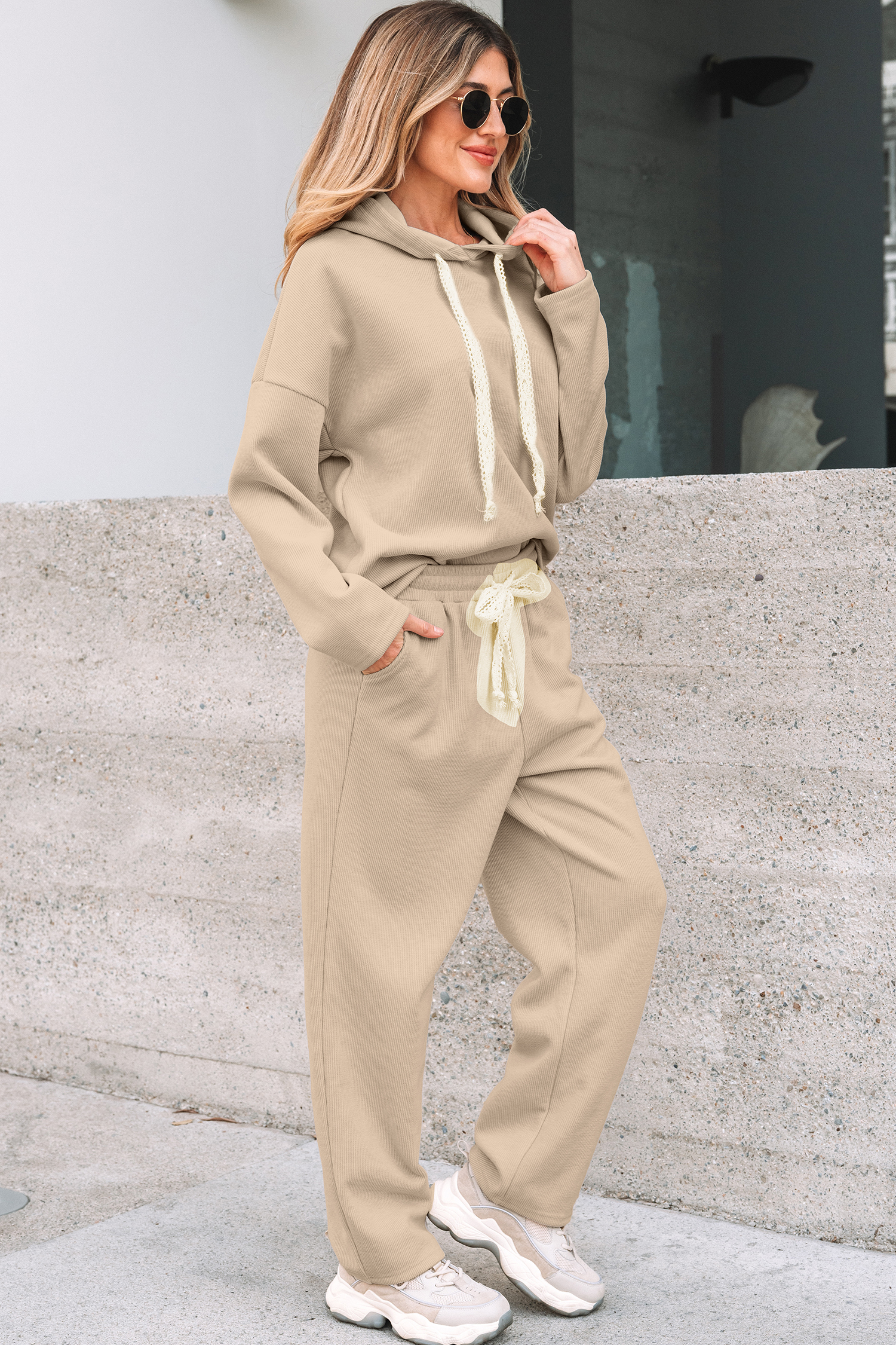 Jet Stream Lace Drawstring Pullover Hoodie and High Waist Pants Corduroy Suit view 6