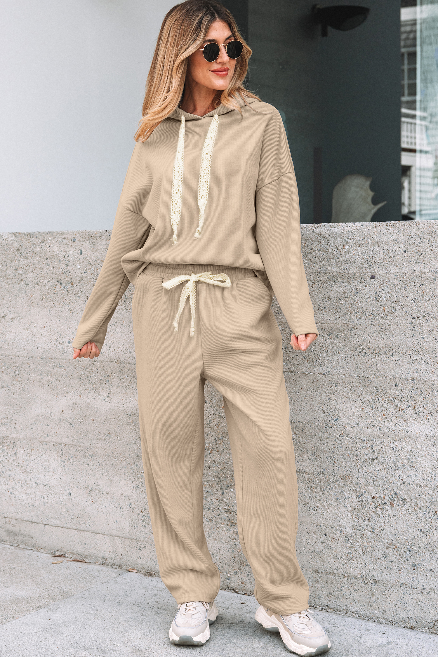 Jet Stream Lace Drawstring Pullover Hoodie and High Waist Pants Corduroy Suit view 10