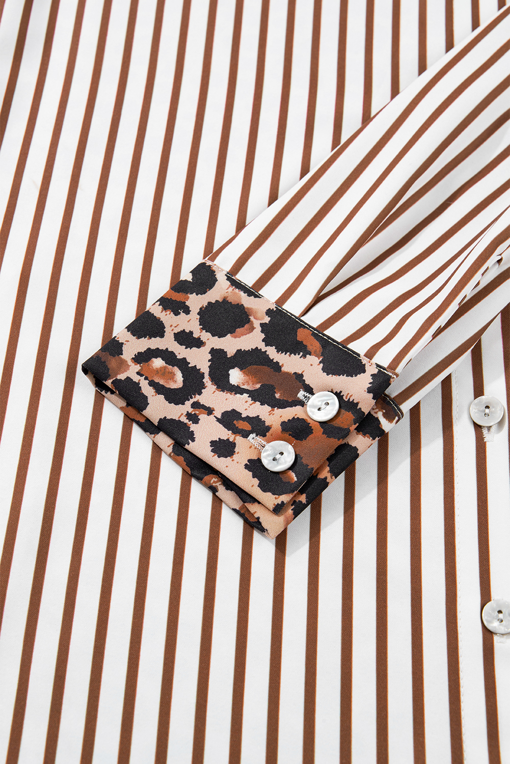 Brown Stripe Contrast Leopard Patchwork Long Shirt Dress with Slits view 18