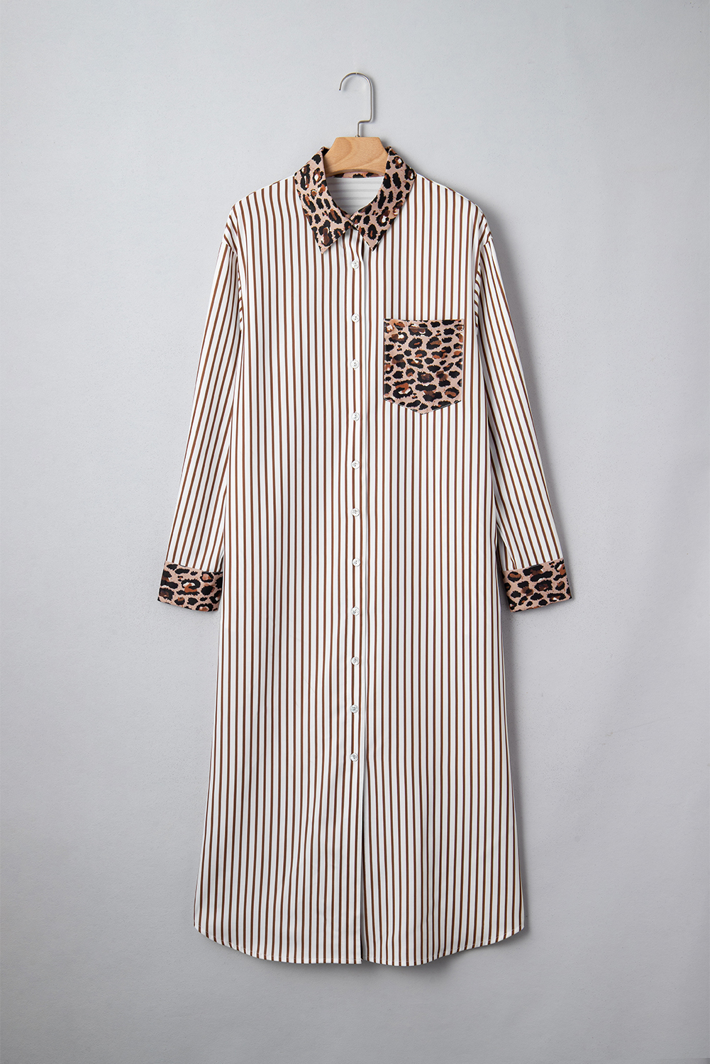 Brown Stripe Contrast Leopard Patchwork Long Shirt Dress with Slits view 12