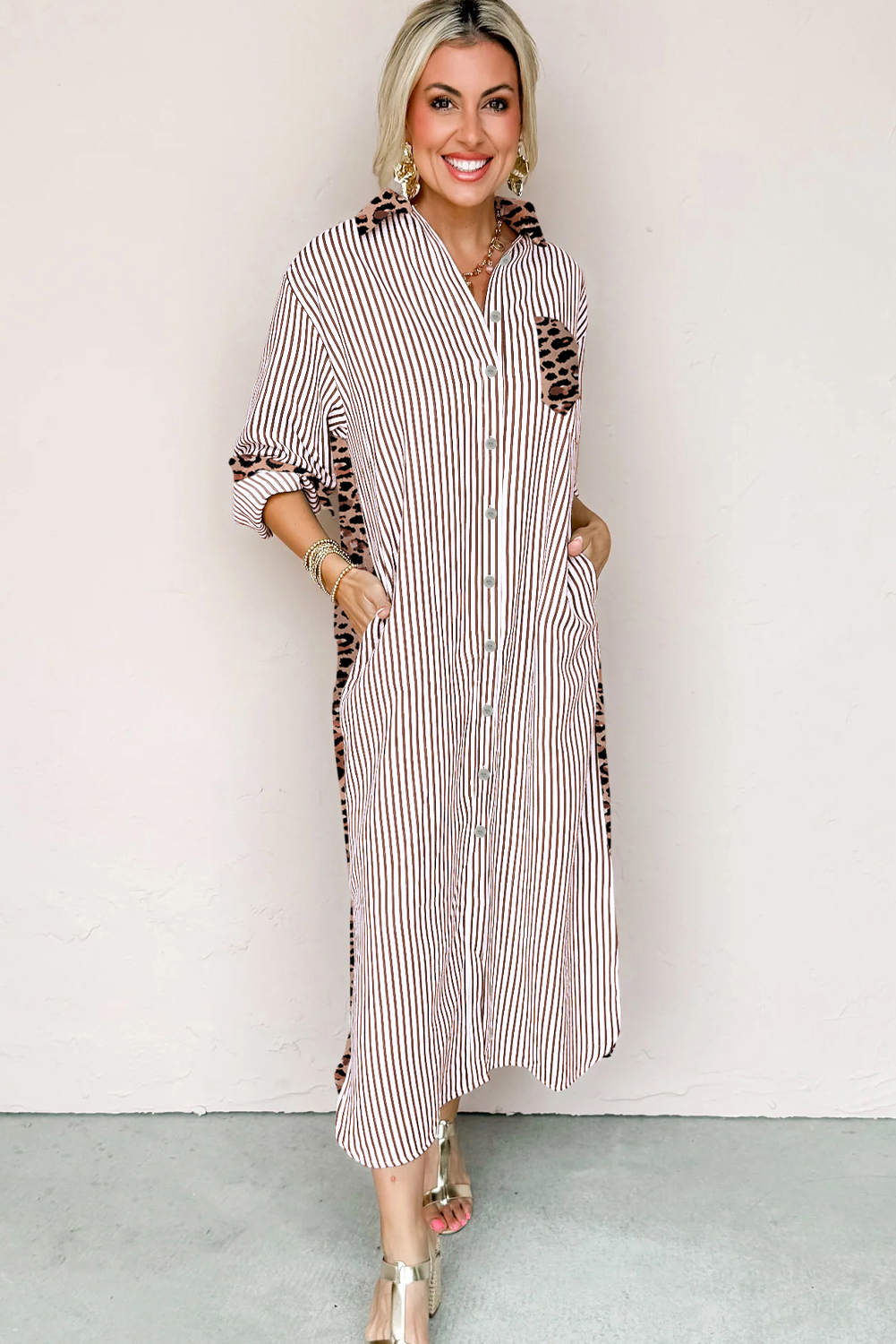 Brown Stripe Contrast Leopard Patchwork Long Shirt Dress with Slits view 10