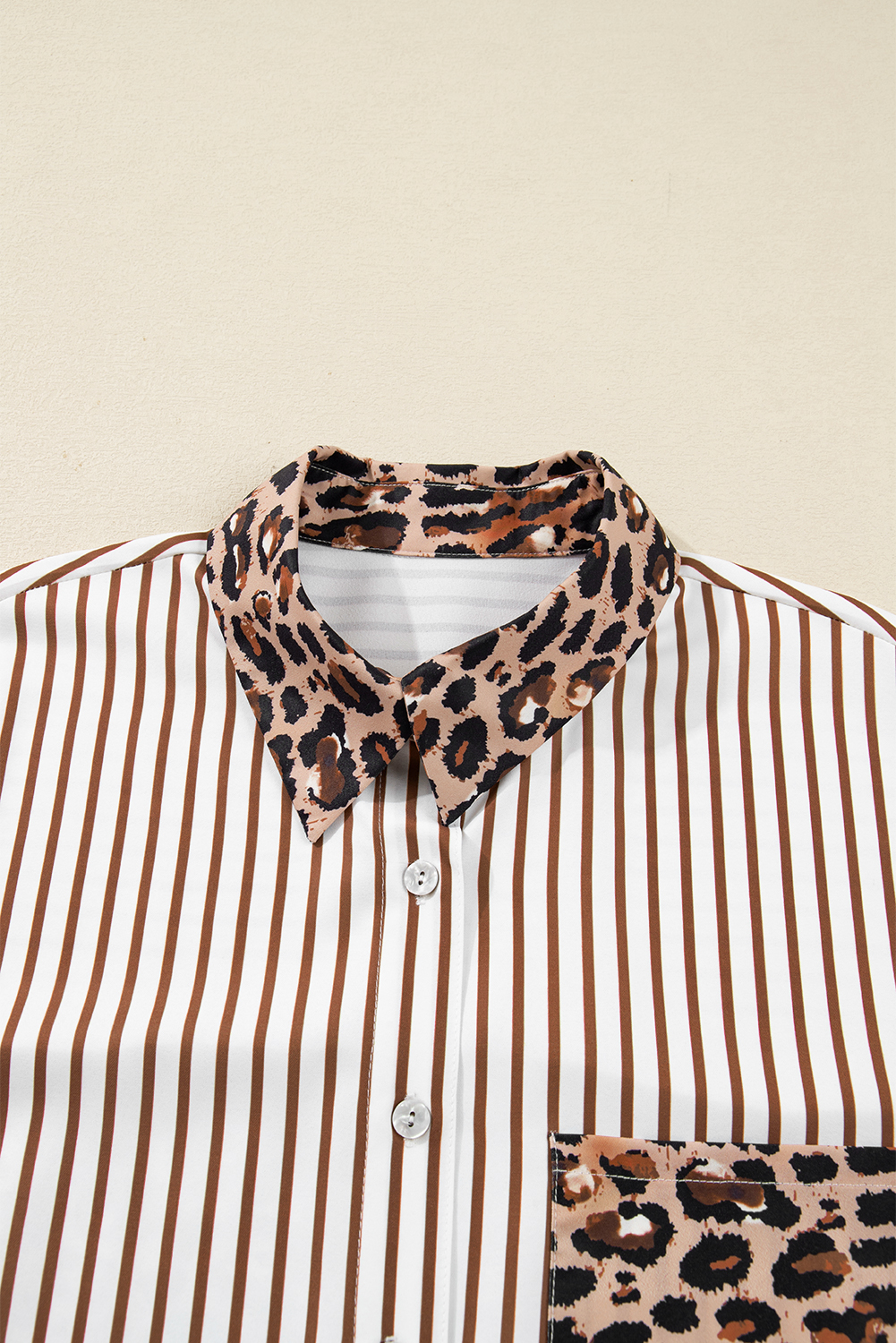 Brown Stripe Contrast Leopard Patchwork Long Shirt Dress with Slits view 14