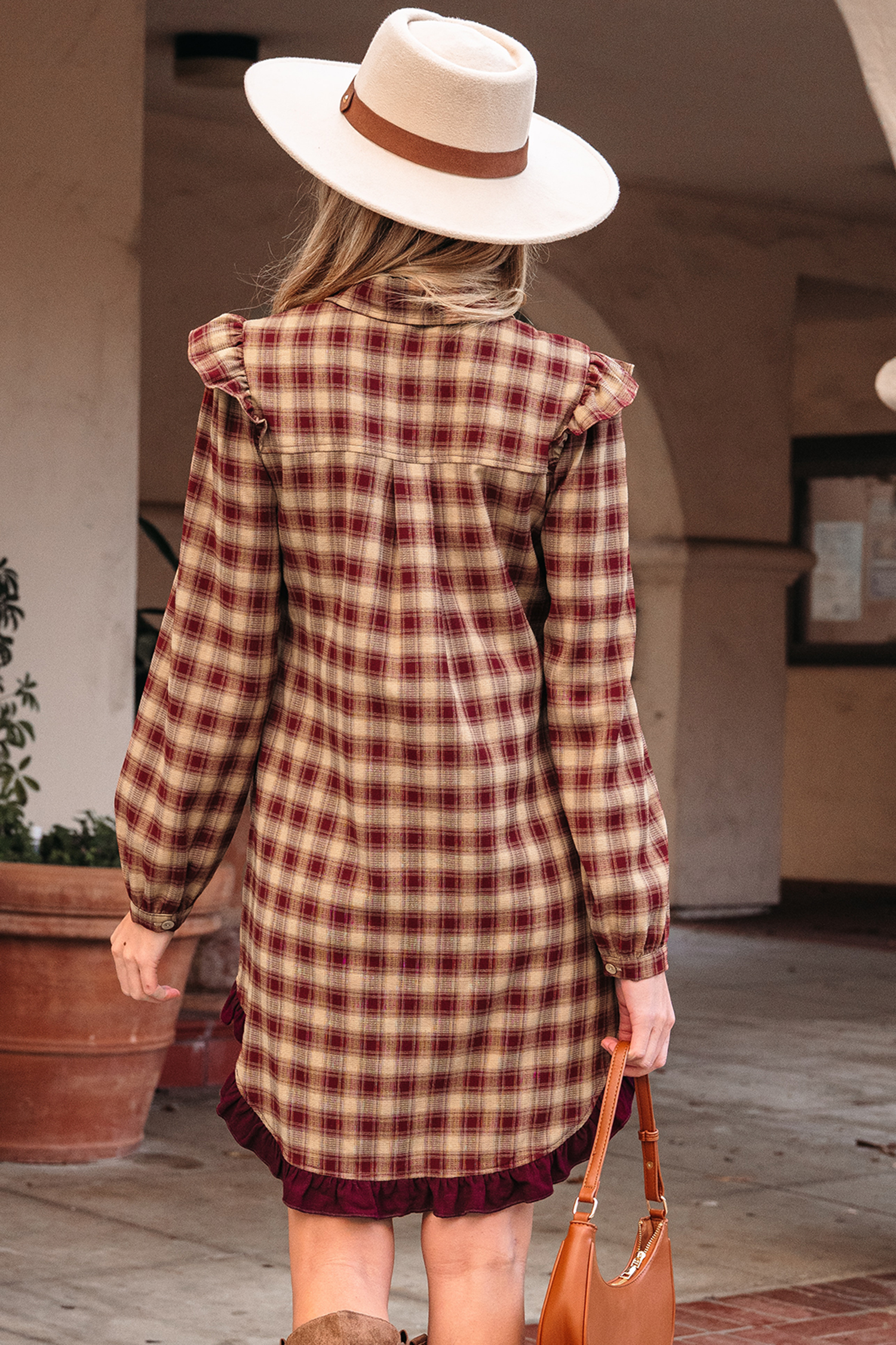 Red Plaid Print Ruffled Long Sleeve Patchwork Hem Mini Shirt Dress view 2