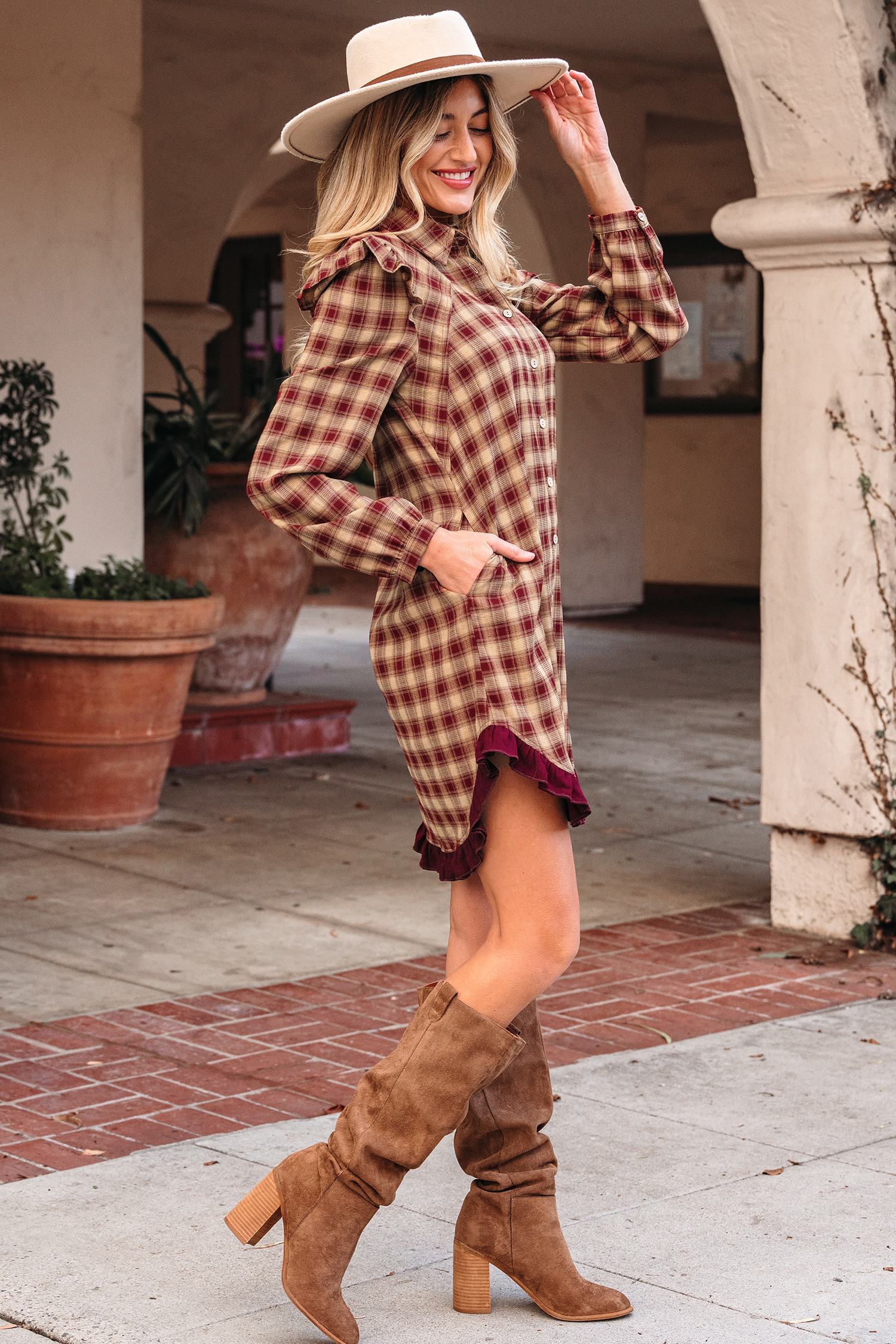 Red Plaid Print Ruffled Long Sleeve Patchwork Hem Mini Shirt Dress view 3