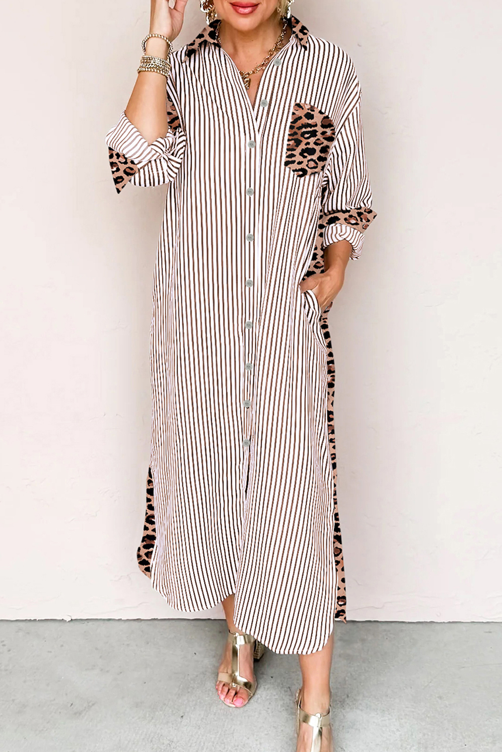 Brown Stripe Contrast Leopard Patchwork Long Shirt Dress with Slits view 8