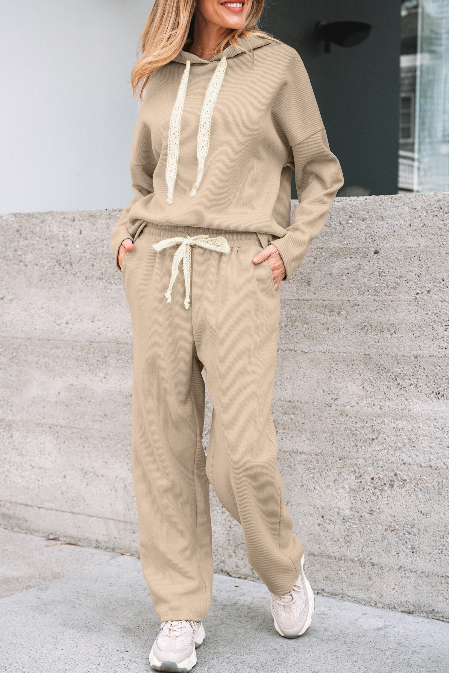 Jet Stream Lace Drawstring Pullover Hoodie and High Waist Pants Corduroy Suit view 9