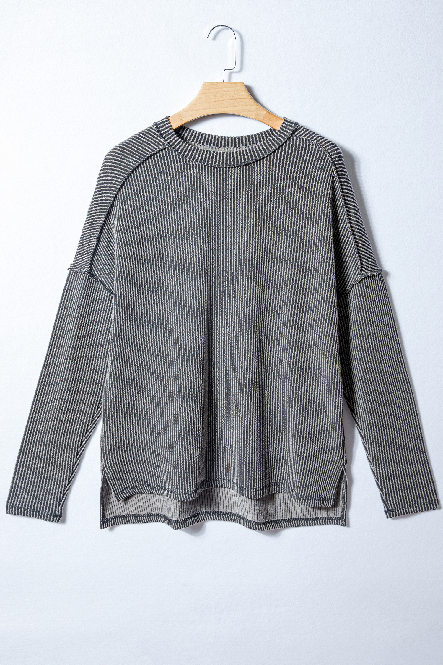 Black Twist Ribbed Exposed Seam Detail Long Sleeve Loose Top view 3