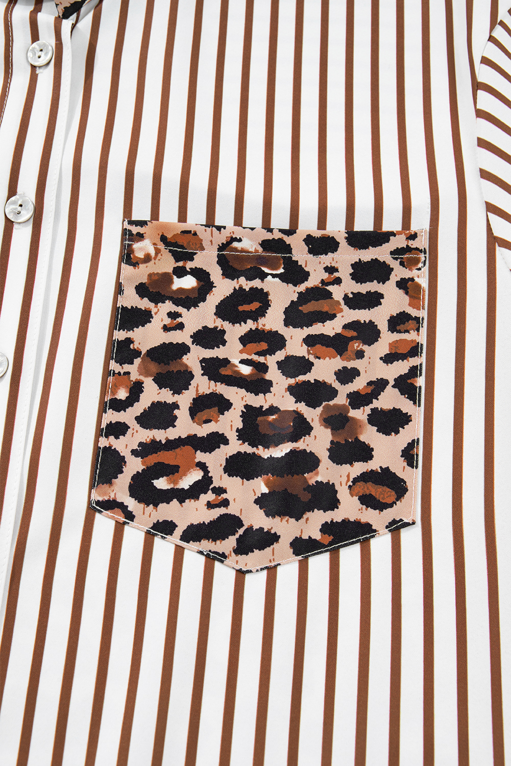 Brown Stripe Contrast Leopard Patchwork Long Shirt Dress with Slits view 16