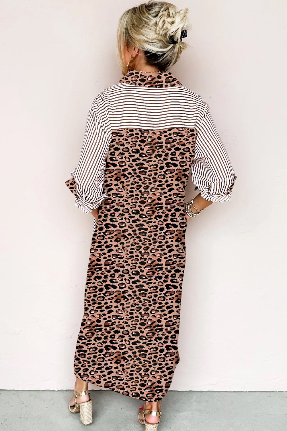Brown Stripe Contrast Leopard Patchwork Long Shirt Dress with Slits view 9