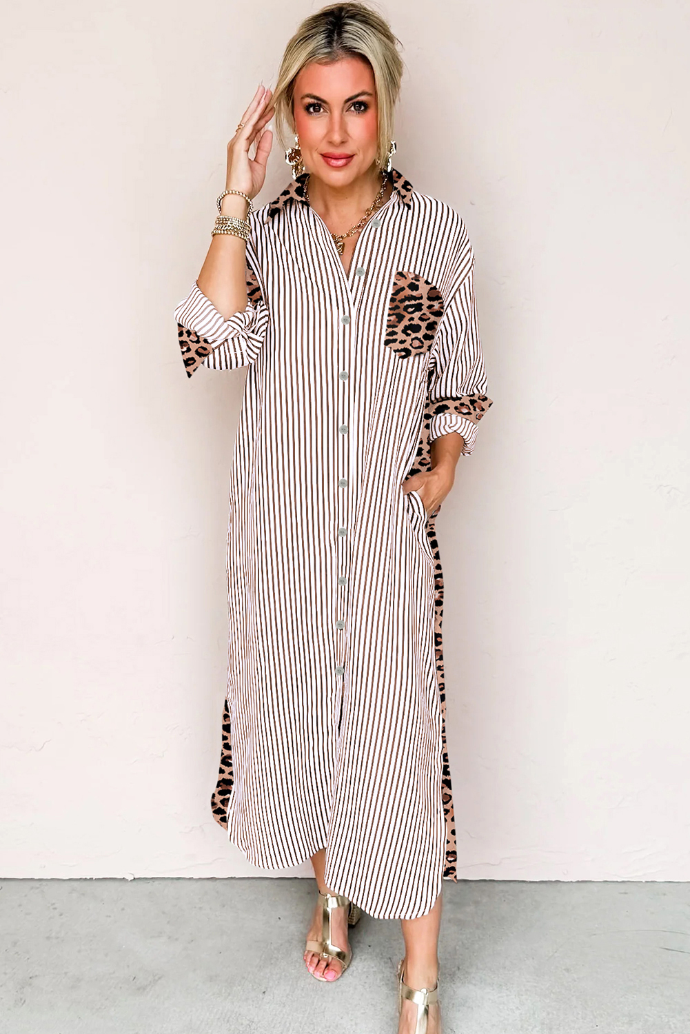 Brown Stripe Contrast Leopard Patchwork Long Shirt Dress with Slits view 11