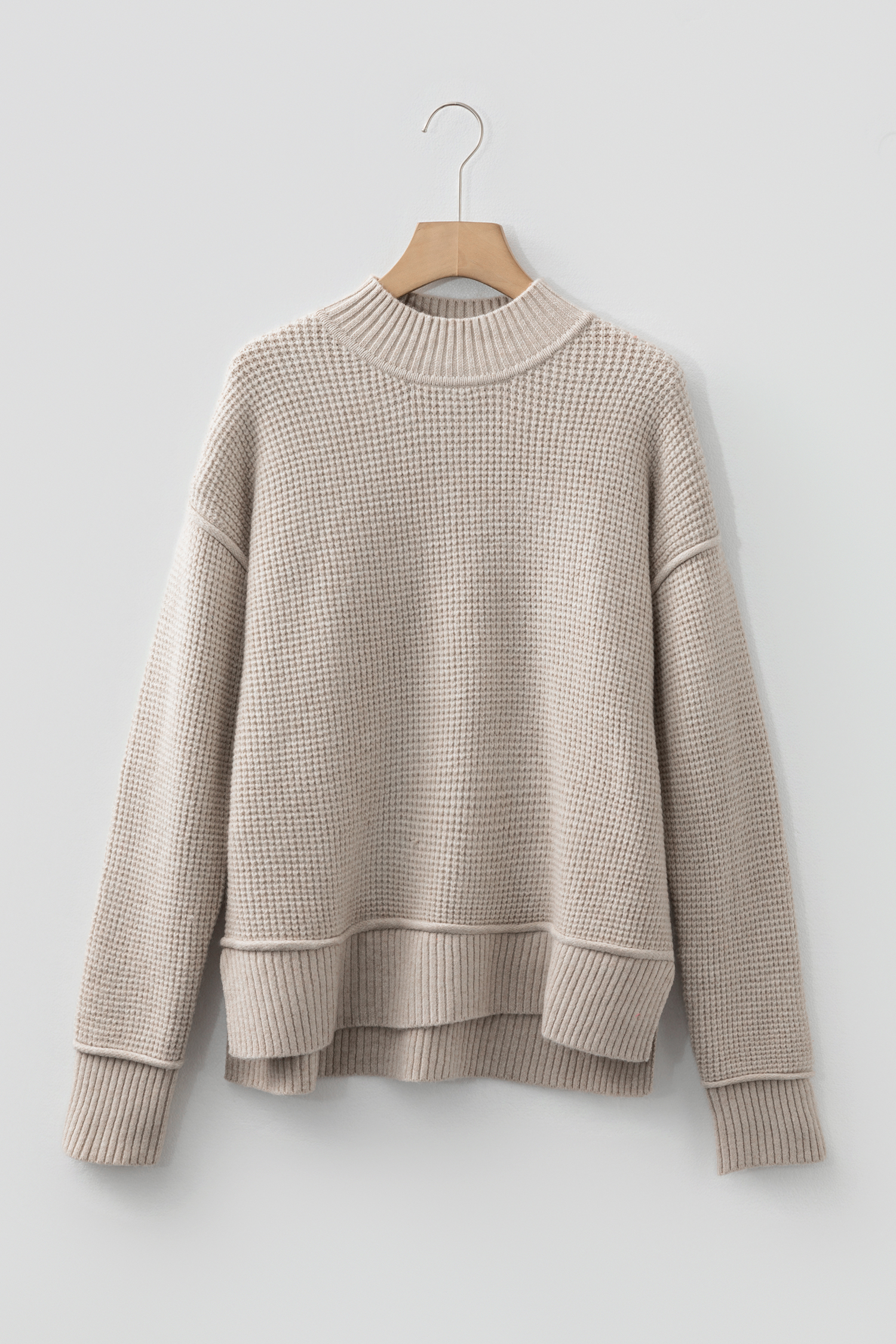 Gray Morn Waffle Texture Knit Ribbed High Neck Drop Shoulder Sweater view 10