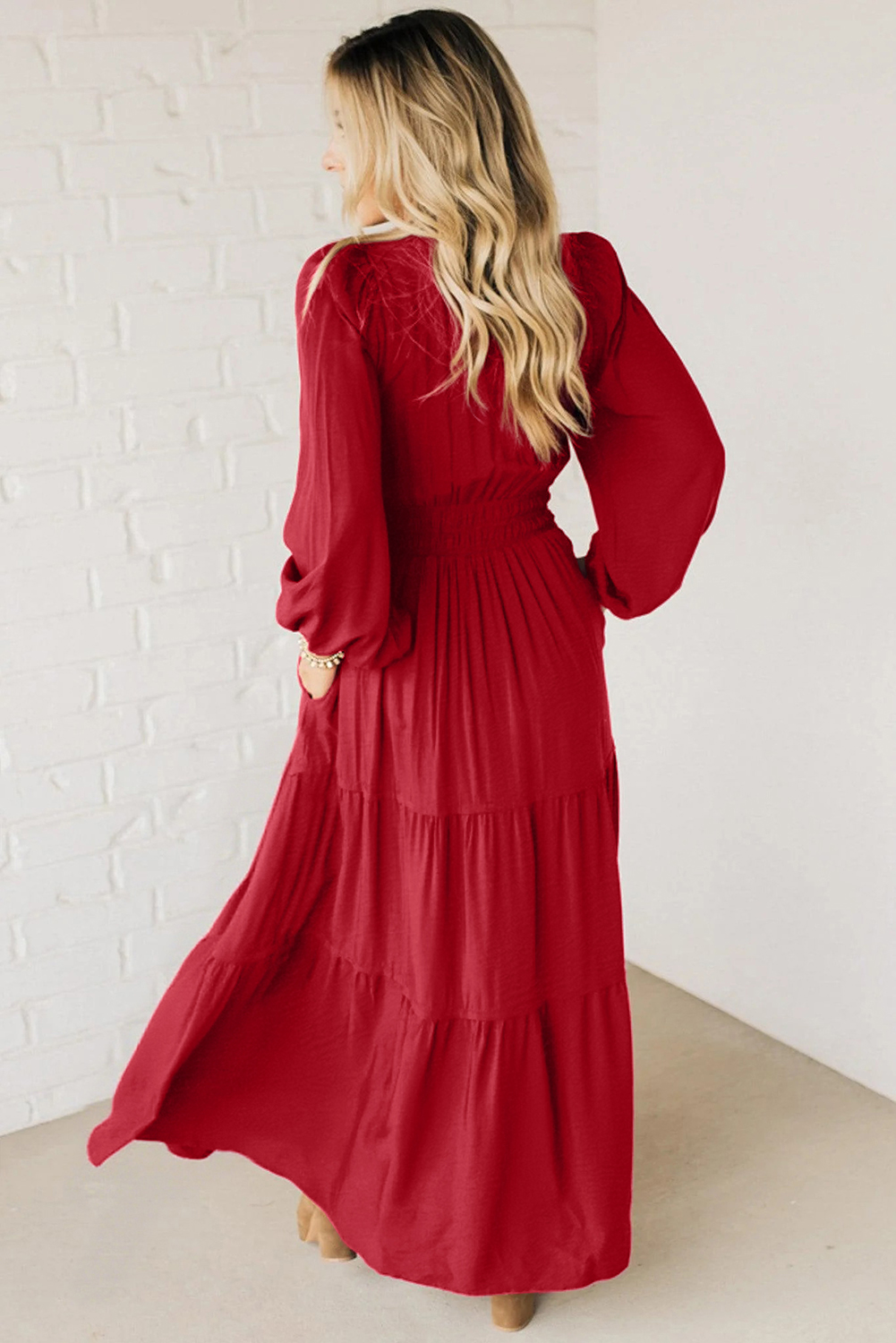 Racing Red Contrast Embroidered Detail Cinched Waist Tiered Long Sleeve Maxi Dress view 8