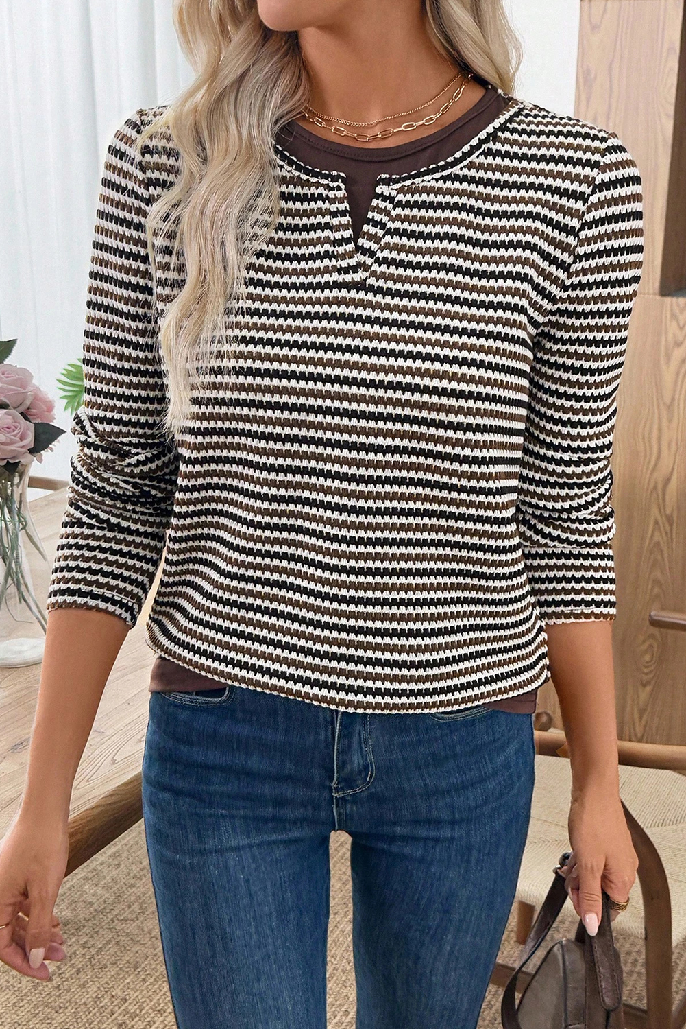 Brown Faux Two Piece Textured Striped Round Neck Long Sleeve T Shirt view 14