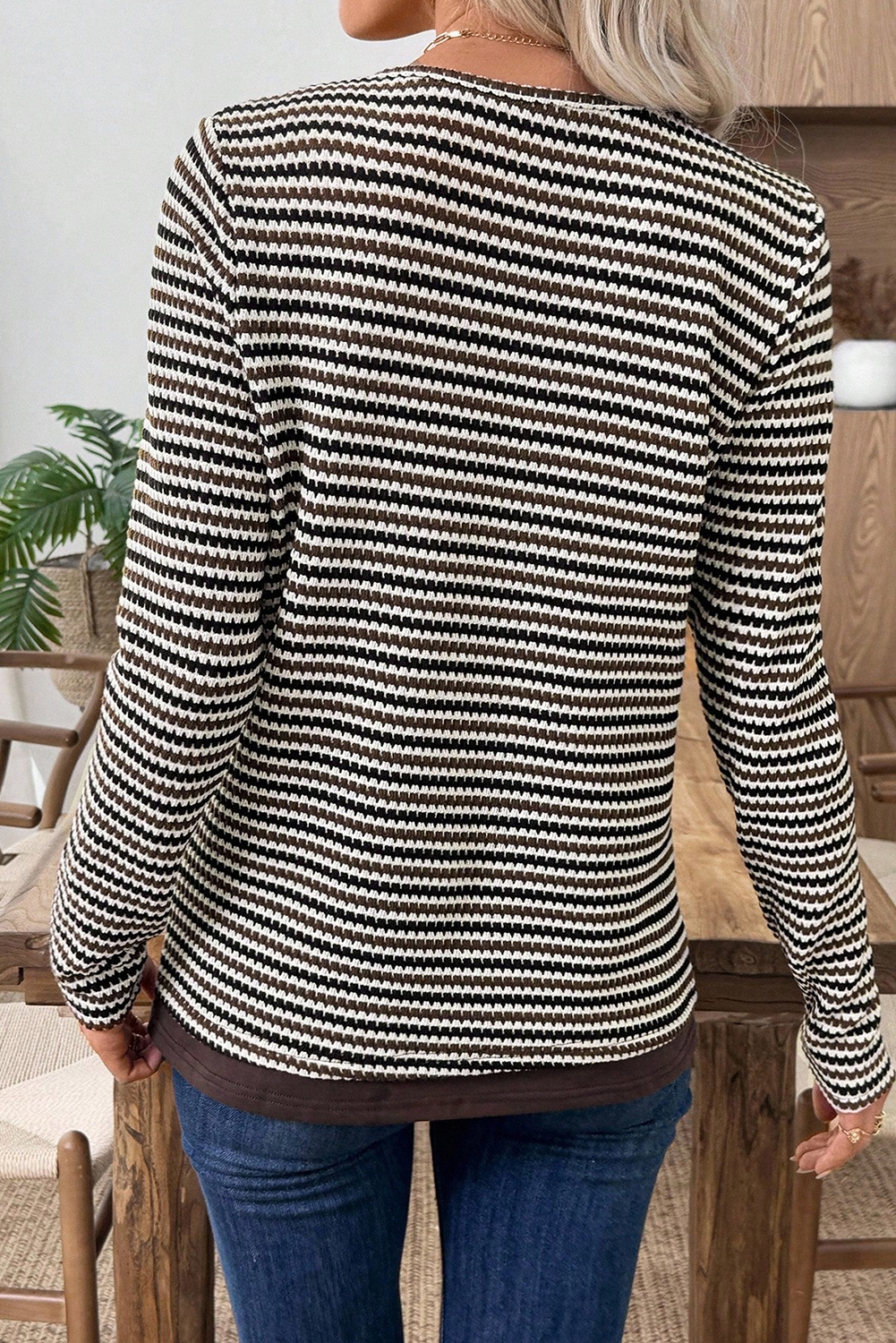 Brown Faux Two Piece Textured Striped Round Neck Long Sleeve T Shirt view 10